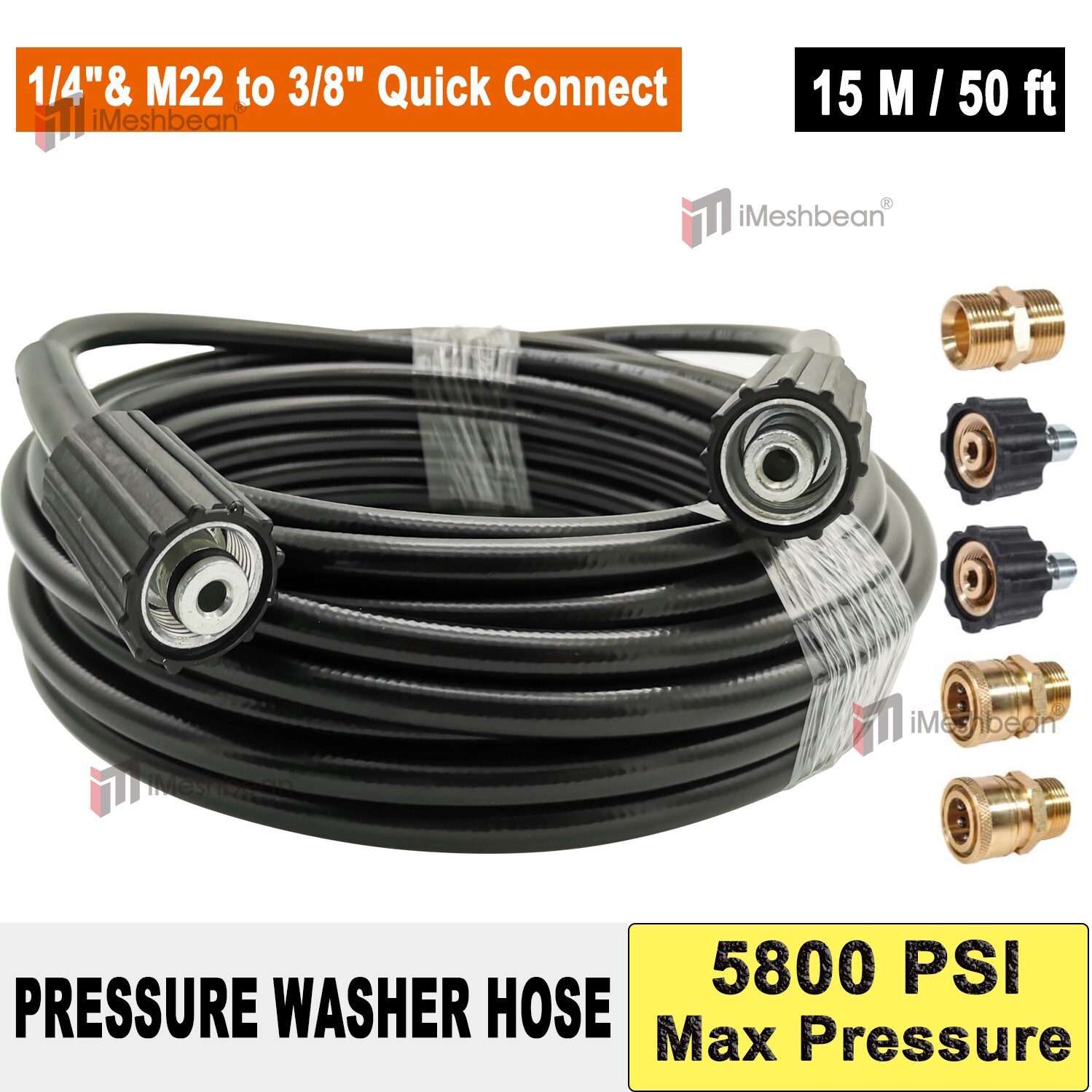 50 ft M22-14mm Pressure Washer Hose 5800psi with 3/8″ Couplers, Extension Hose