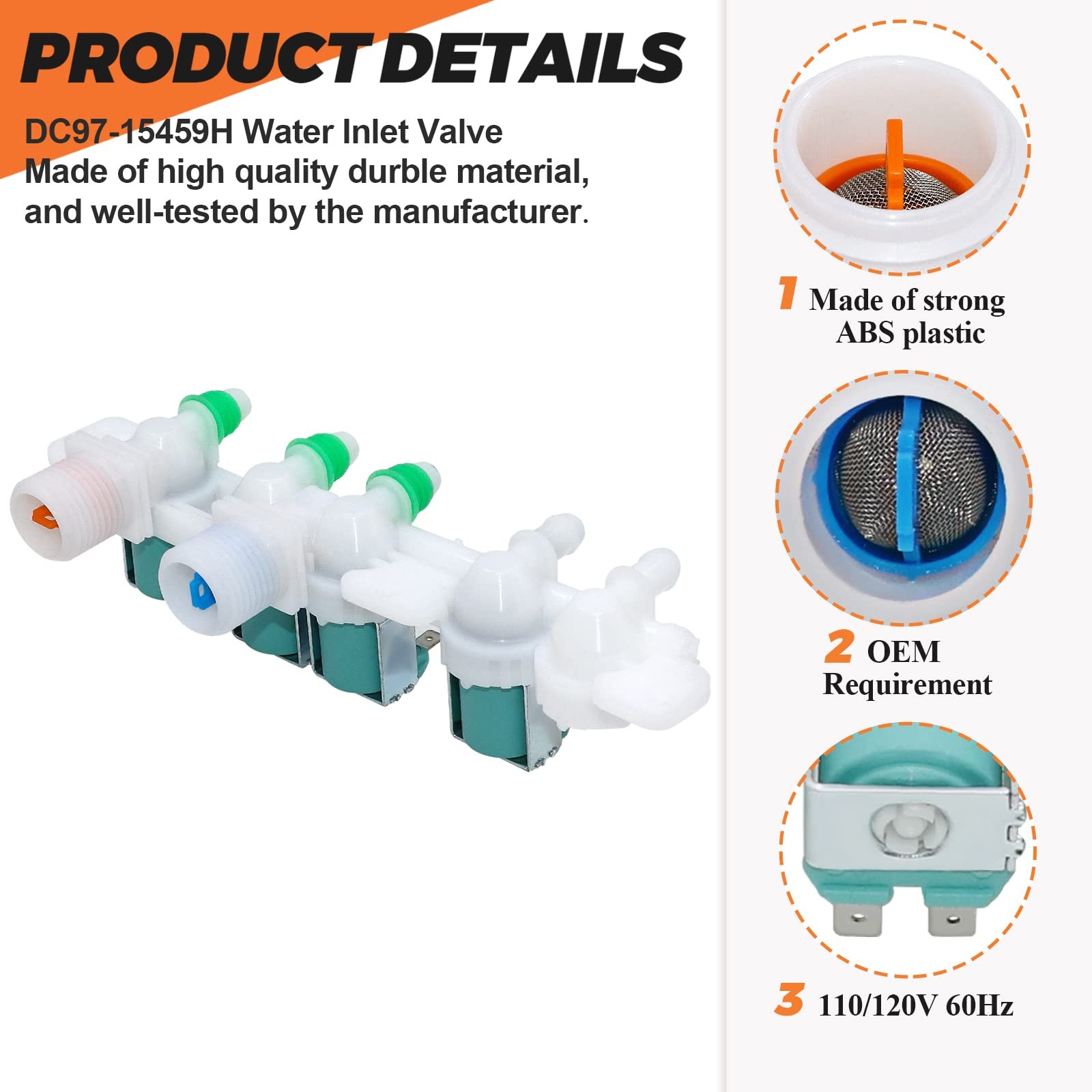 Upgrade DC97-15459H Water Inlet Valve Fit for Samsung Washer, Medium, White