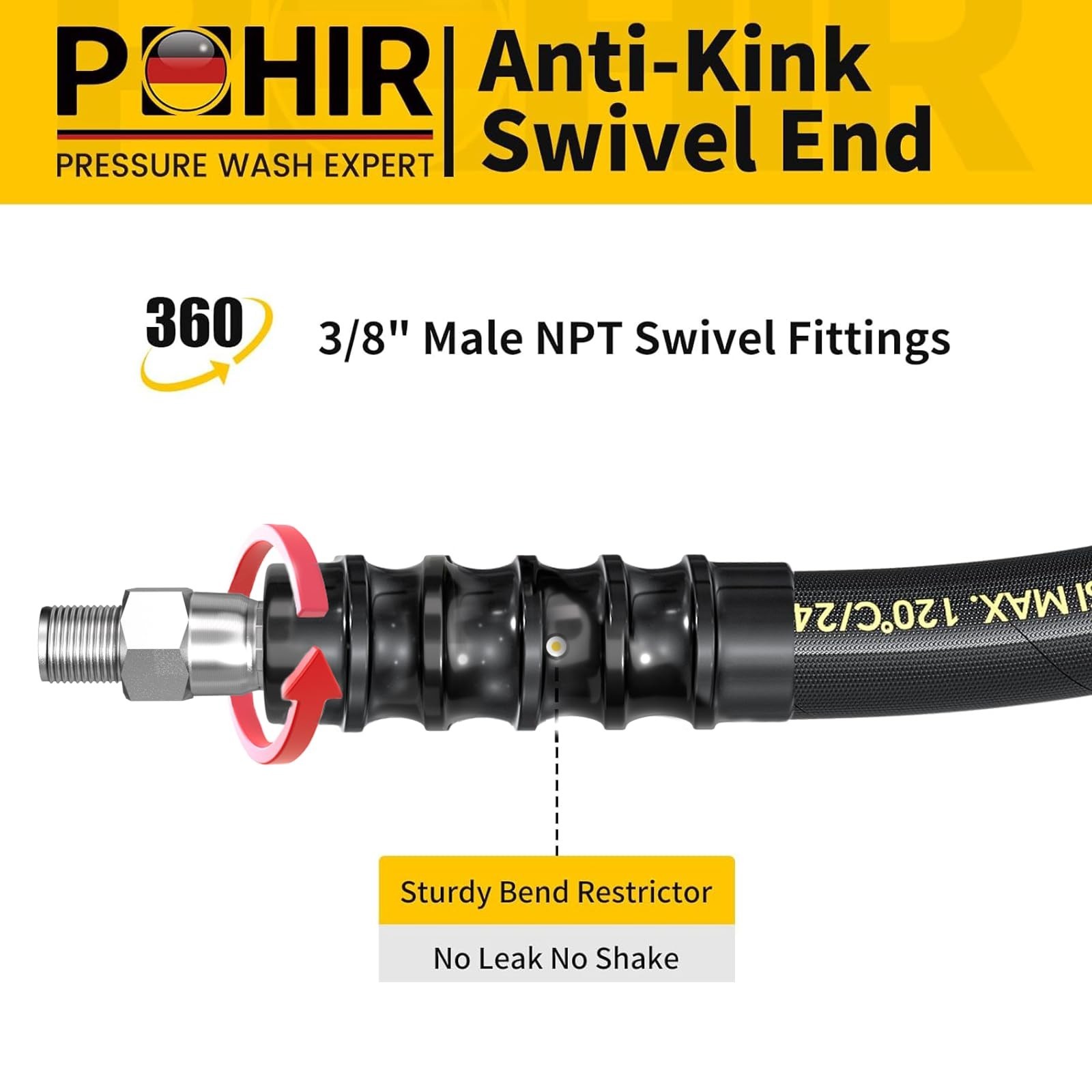 POHIR 8FT Pressure Washer Whip Hose 4800psi 3/8” Steel Wire Braided with 3/8…