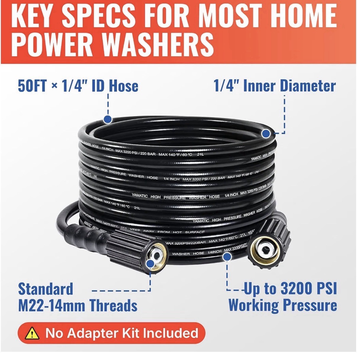 YAMATIC 50 ft 1/4 in Pressure Washer Hose M22-14mm Female Brass Fittings