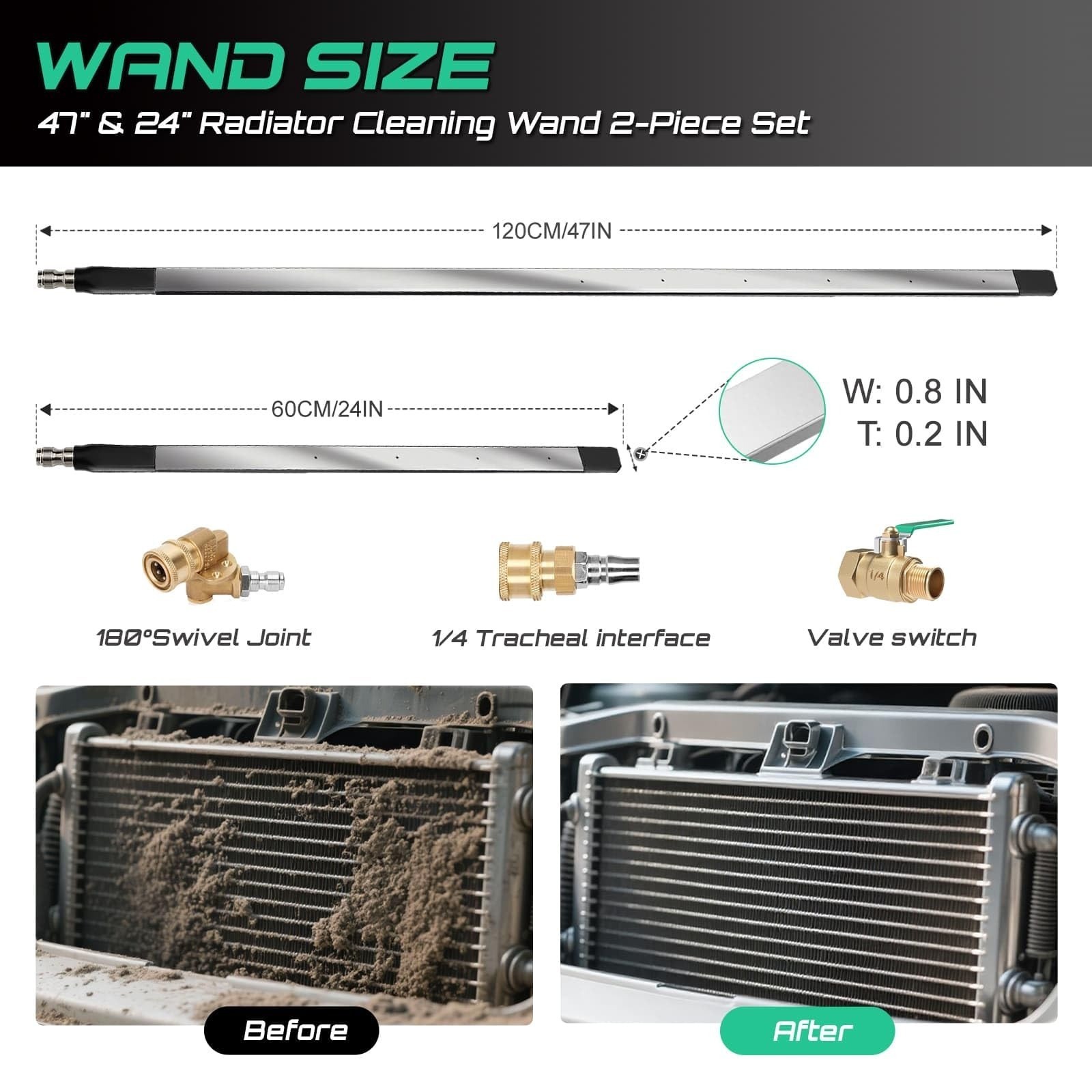 PYQPYQ 47″ & 24″ Radiator Cleaning Wand Set, 4500 PSI, Stainless Steel