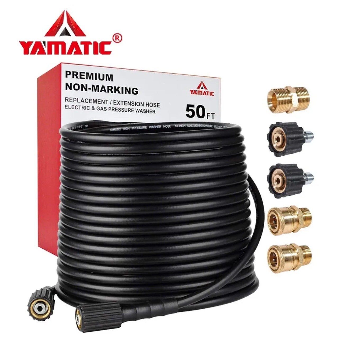 YAMATIC 50ft High Pressure Washer Hose with 5 Connectors M22-14mm