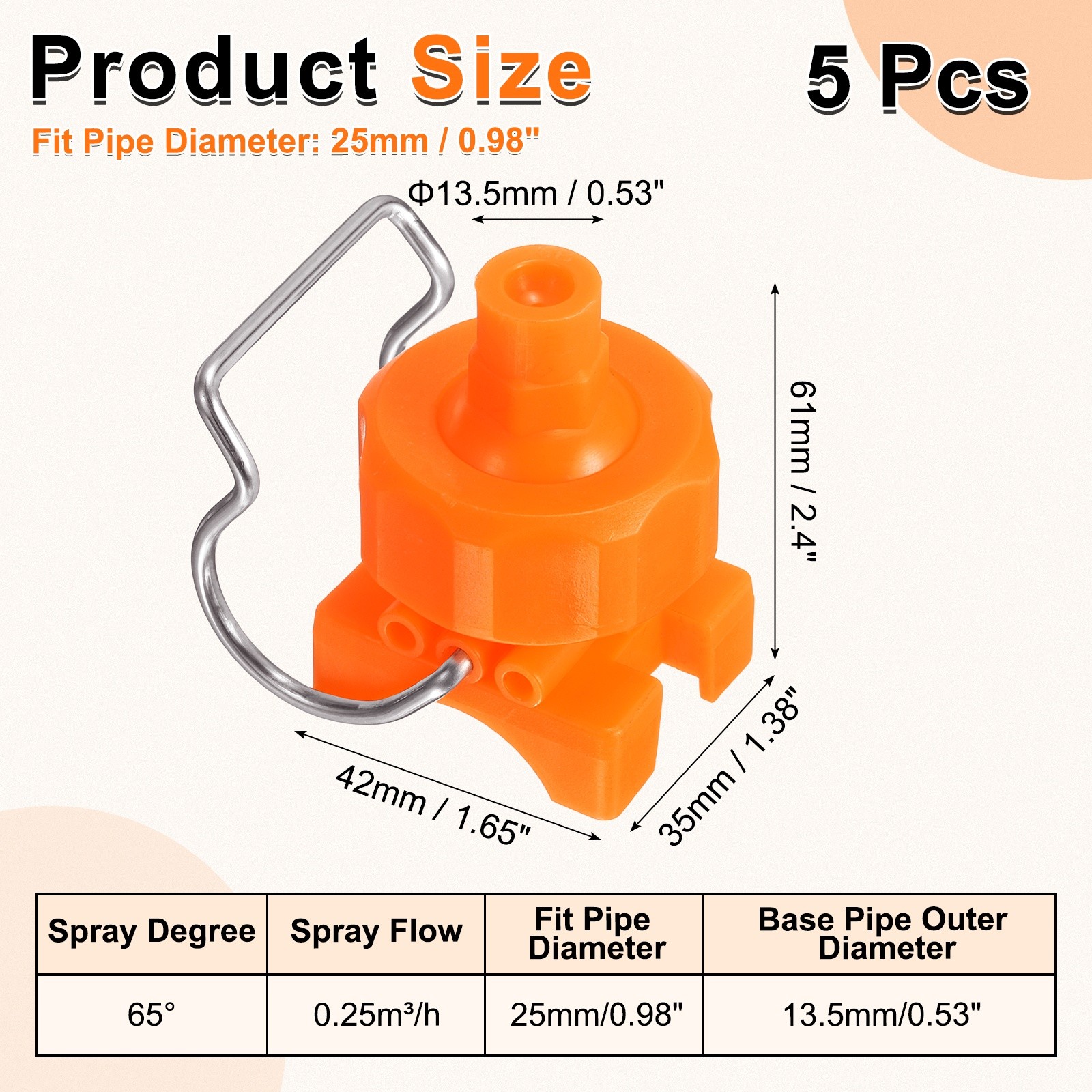 5pcs 65° Spray Nozzle with Clip for 25mm/1″ Tube, 0.25m³/h