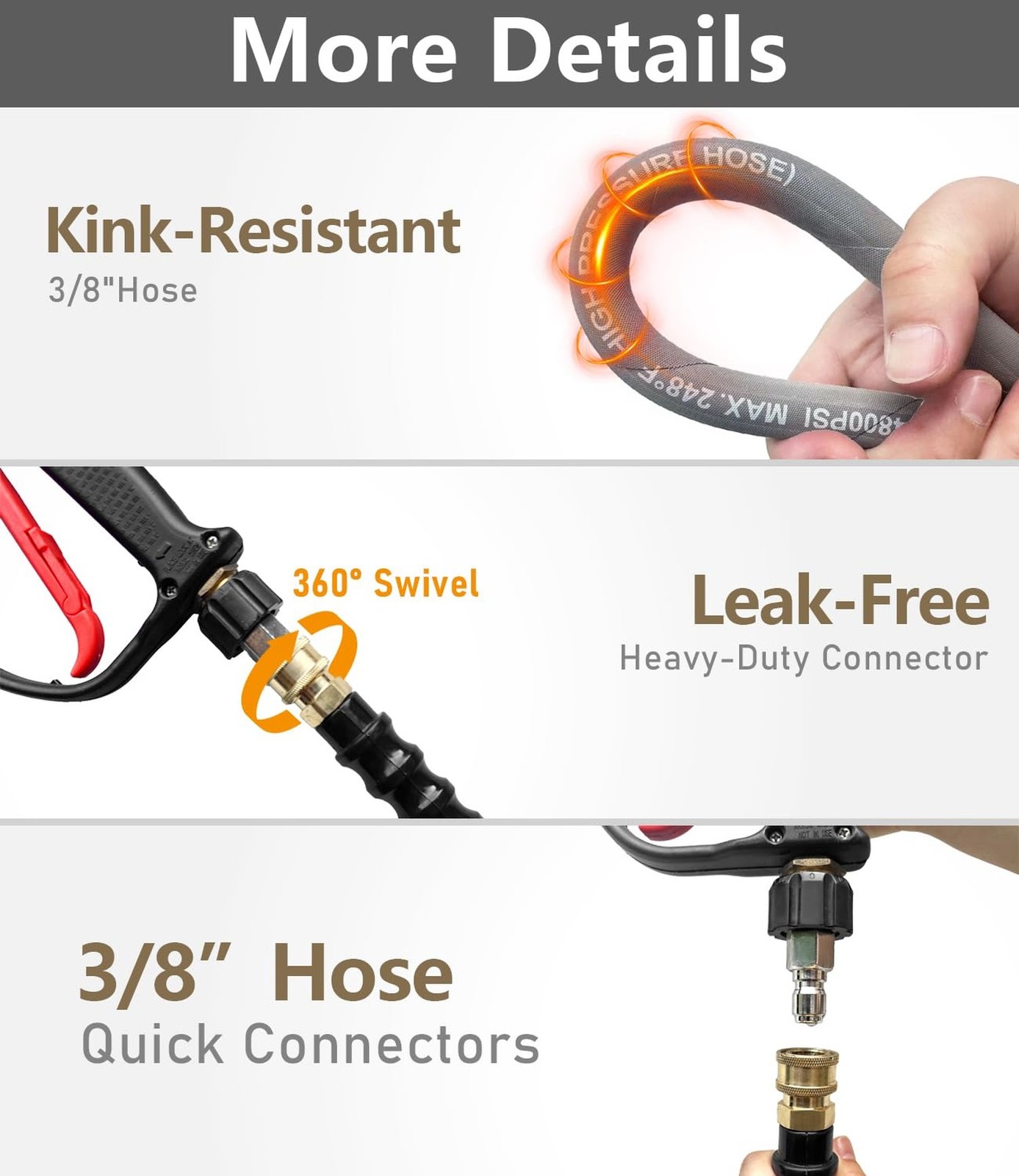 3/8″ Pressure Washer Hose 75FT 4800 PSI, Kink Resistant Steel Braided Layer &…
