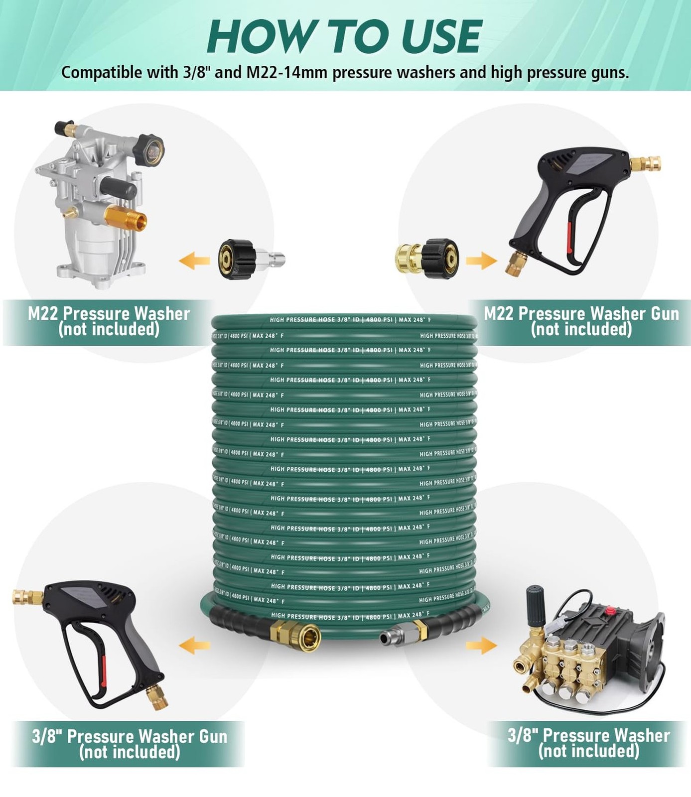 3/8″ 4800PSI Pressure Washer Hose 50FT with 360° Swivel Quick Connect, Flex