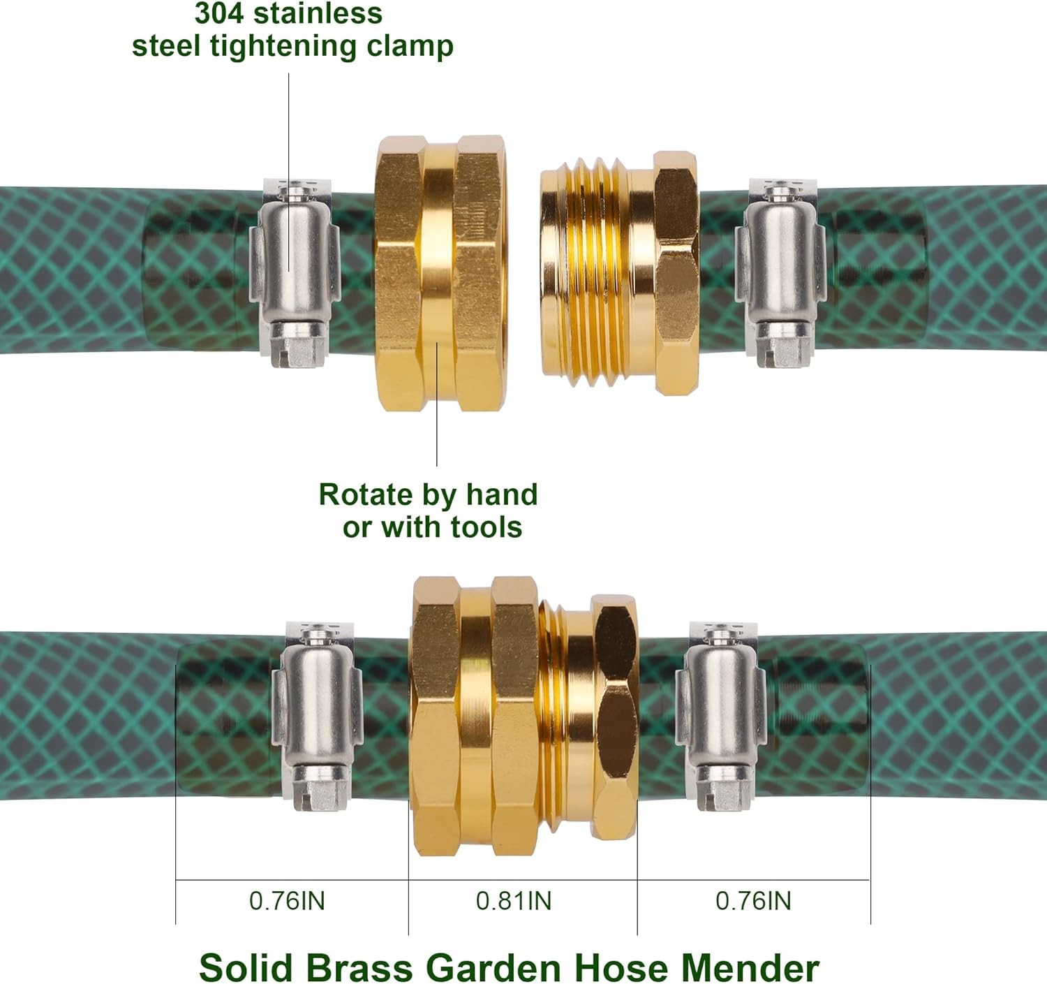 Biswing Garden Hose Repair Connector with Stainless Steel Clamps, 5/8″ Brass