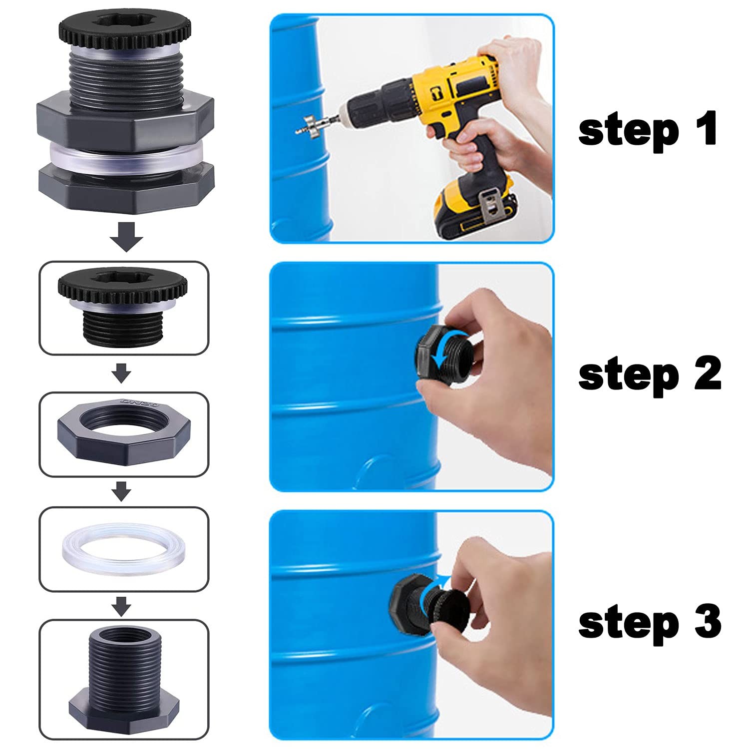 Qitdathn 4 PCS Rain Barrel Bulkhead Fitting kit 3/4″ (Diameter 25mm), Gray