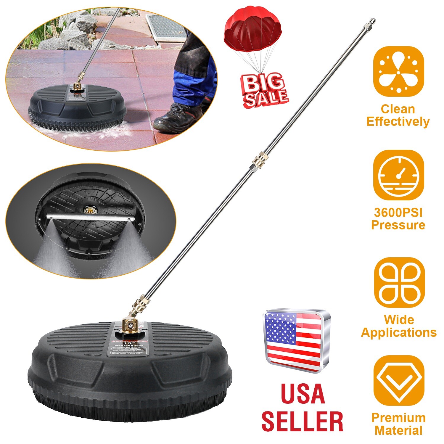 3600PSI 15″ Pressure Washer Surface Cleaner w/ 2 Extension Wand & Quick Connect