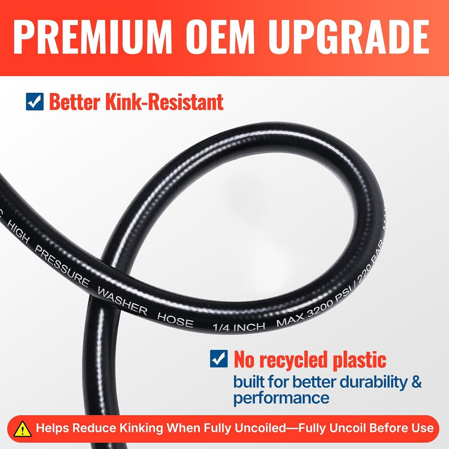 66FT Pressure Washer Hose 1/4” M22-14mm 3200PSI Kink Resistant Replacement Hose