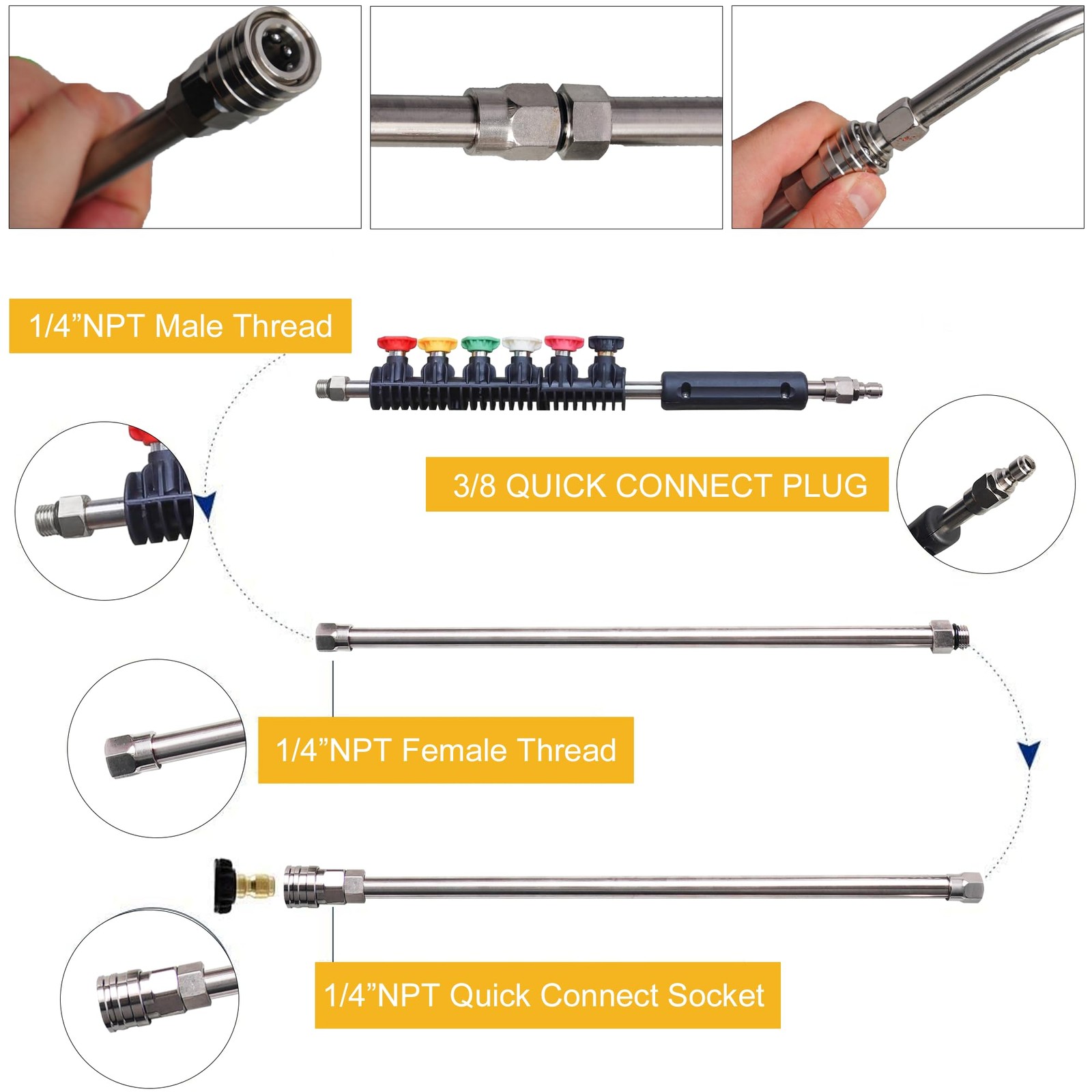 LIULO TOOL 9 Pack Pressure Washer Extension Wand, Stainless Steel Silver