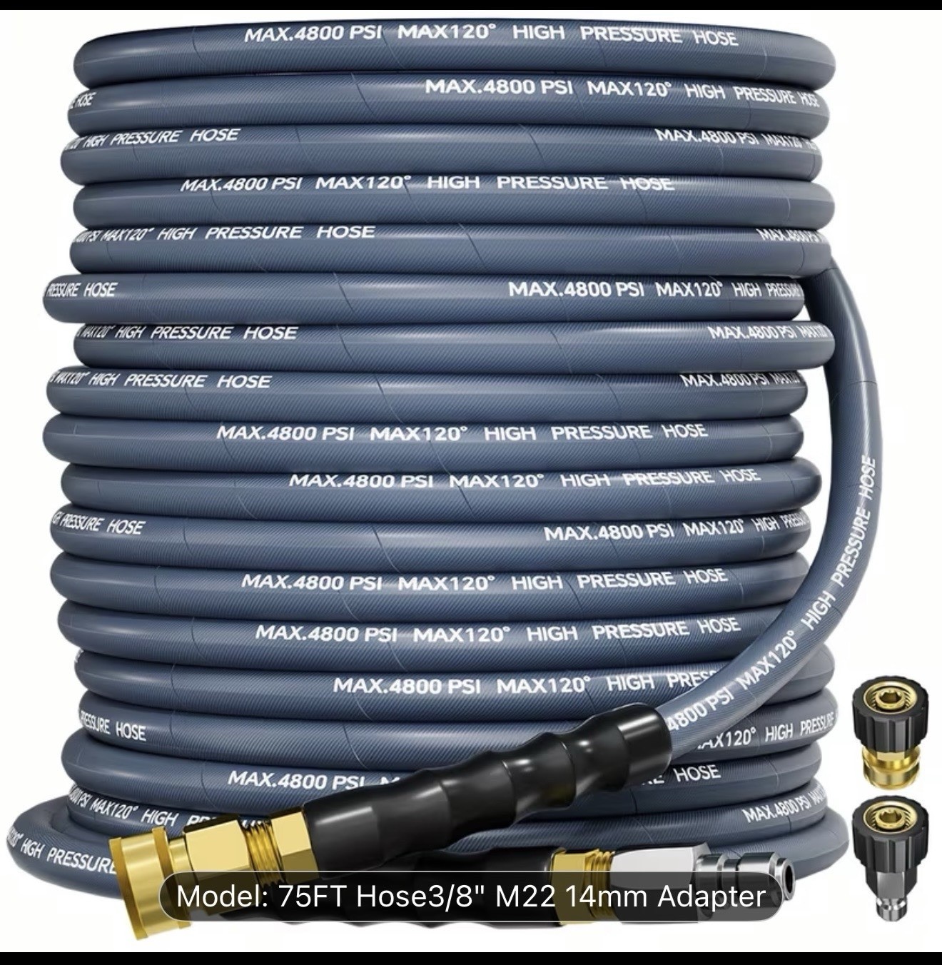 T 75FT 3/8″ 4800 PSI Steel Wire Braided Pressure Washer Hose M22 14mm