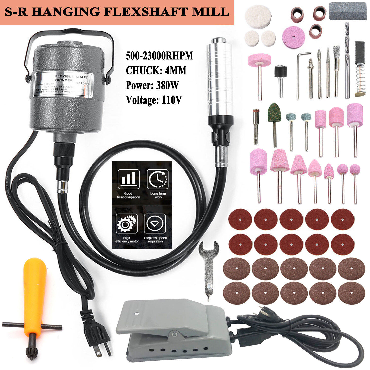 380W 1/4HP Rotary Flex Shaft Grinder Hanging Grinding Carver Electric Tools Kit