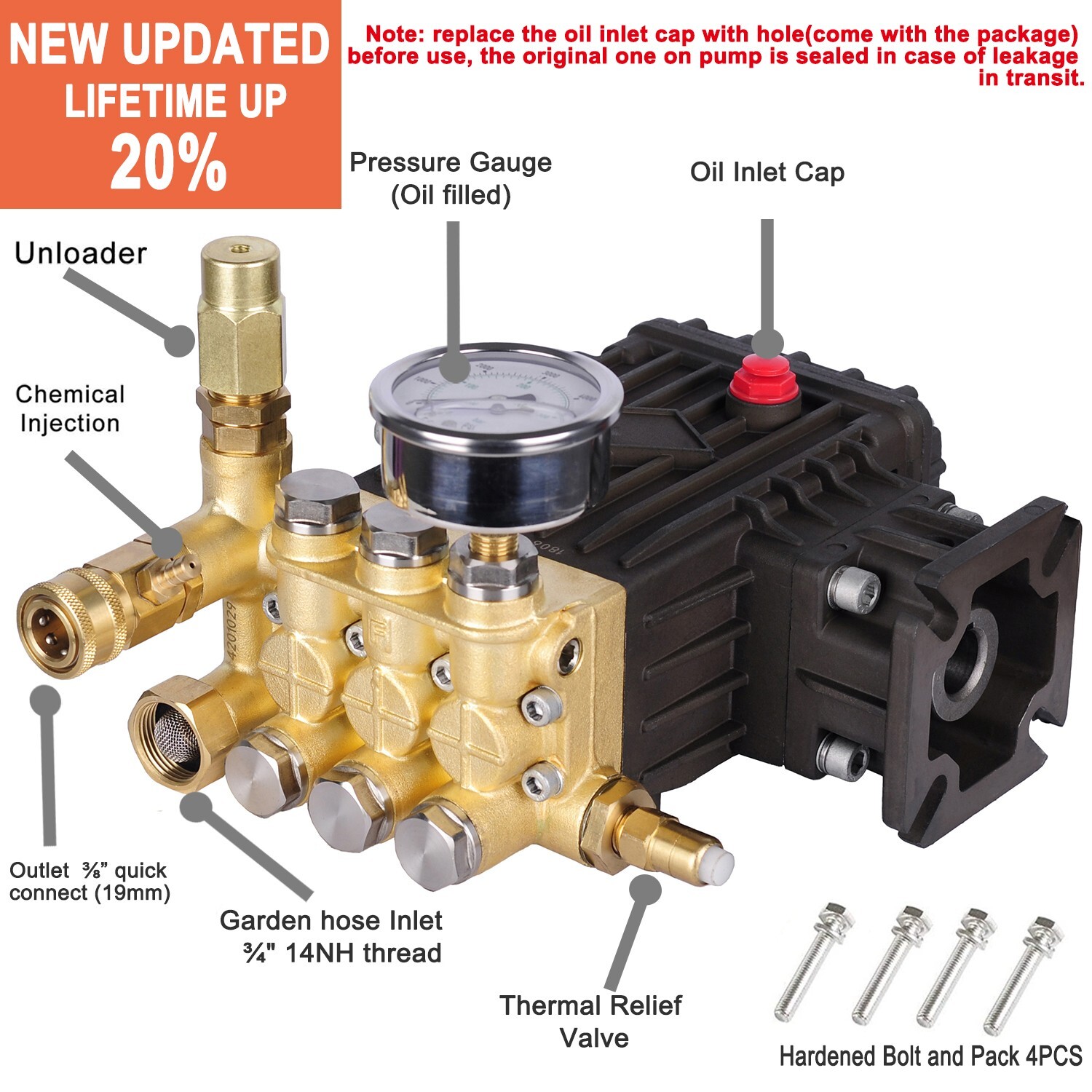 Pressure Power Washer Replacement Triplex Pump 3/4″ Hollow Shaft 7 HP 3000 PSI