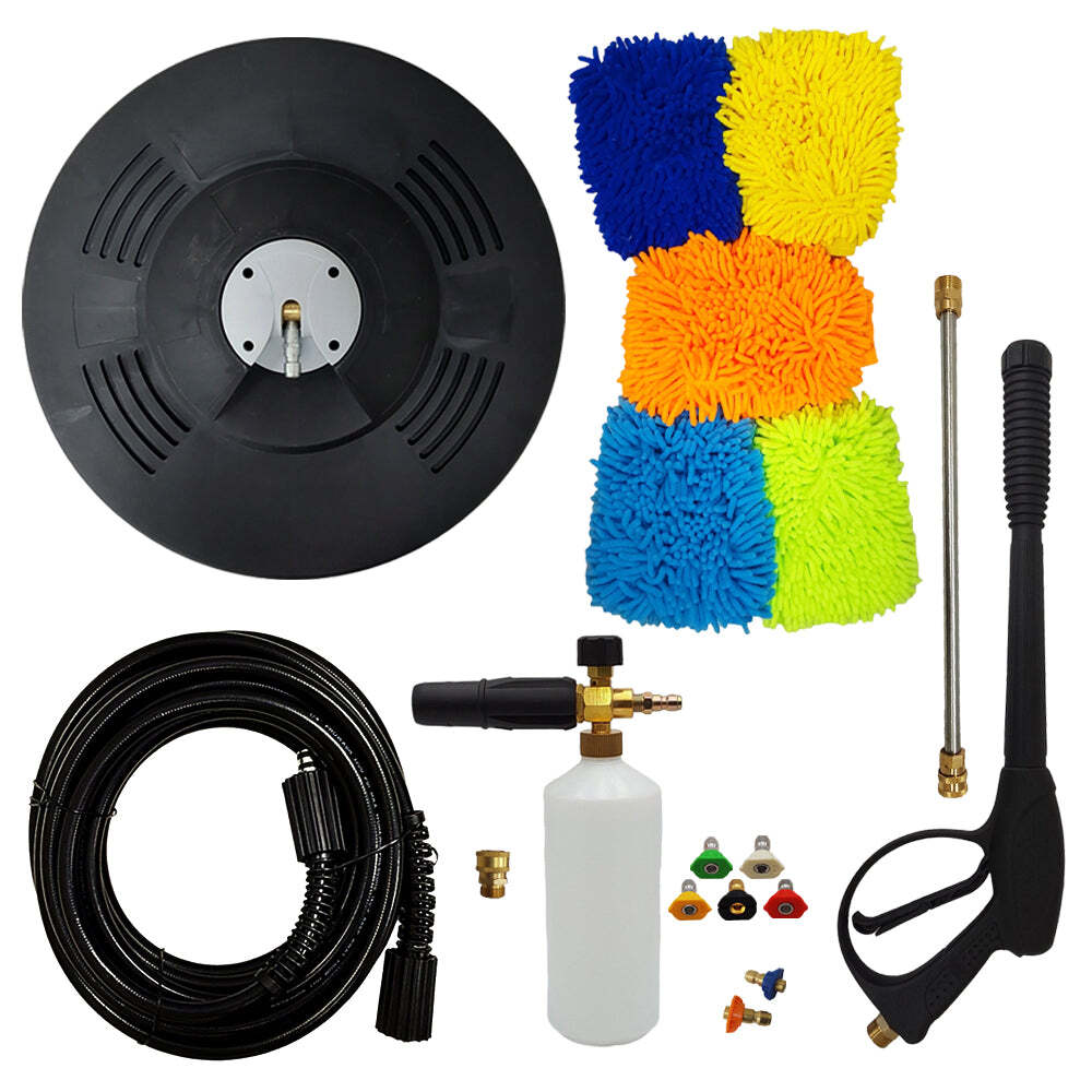 Pressure Washer Kit Surface Cleaner, 50′ Hose Tips Foam Lance Gun & Wand, Mitts