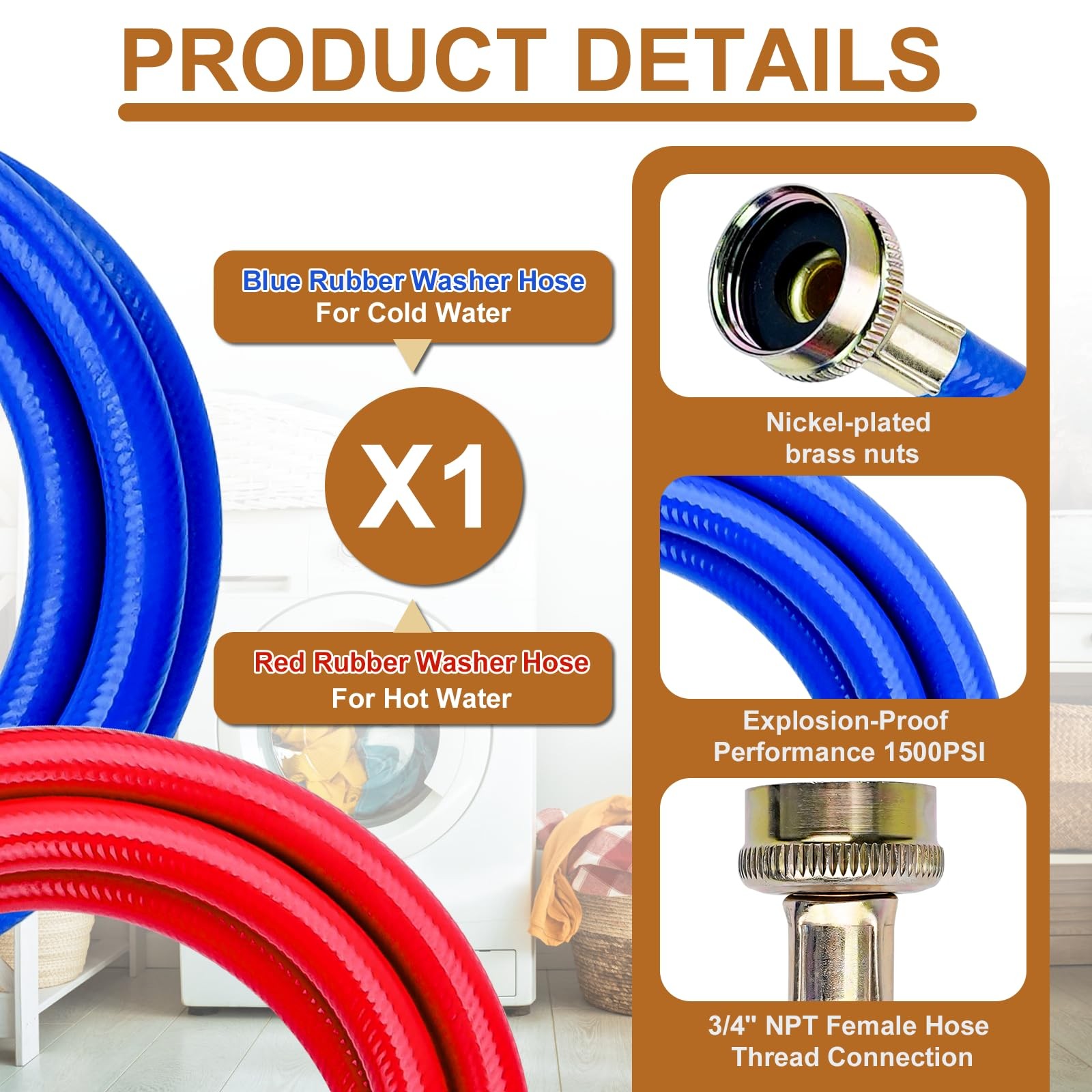 10FT Rubber Washing Machine Hoses Burst Proof 2 Pack 10FT-Rubber, Red, Blue