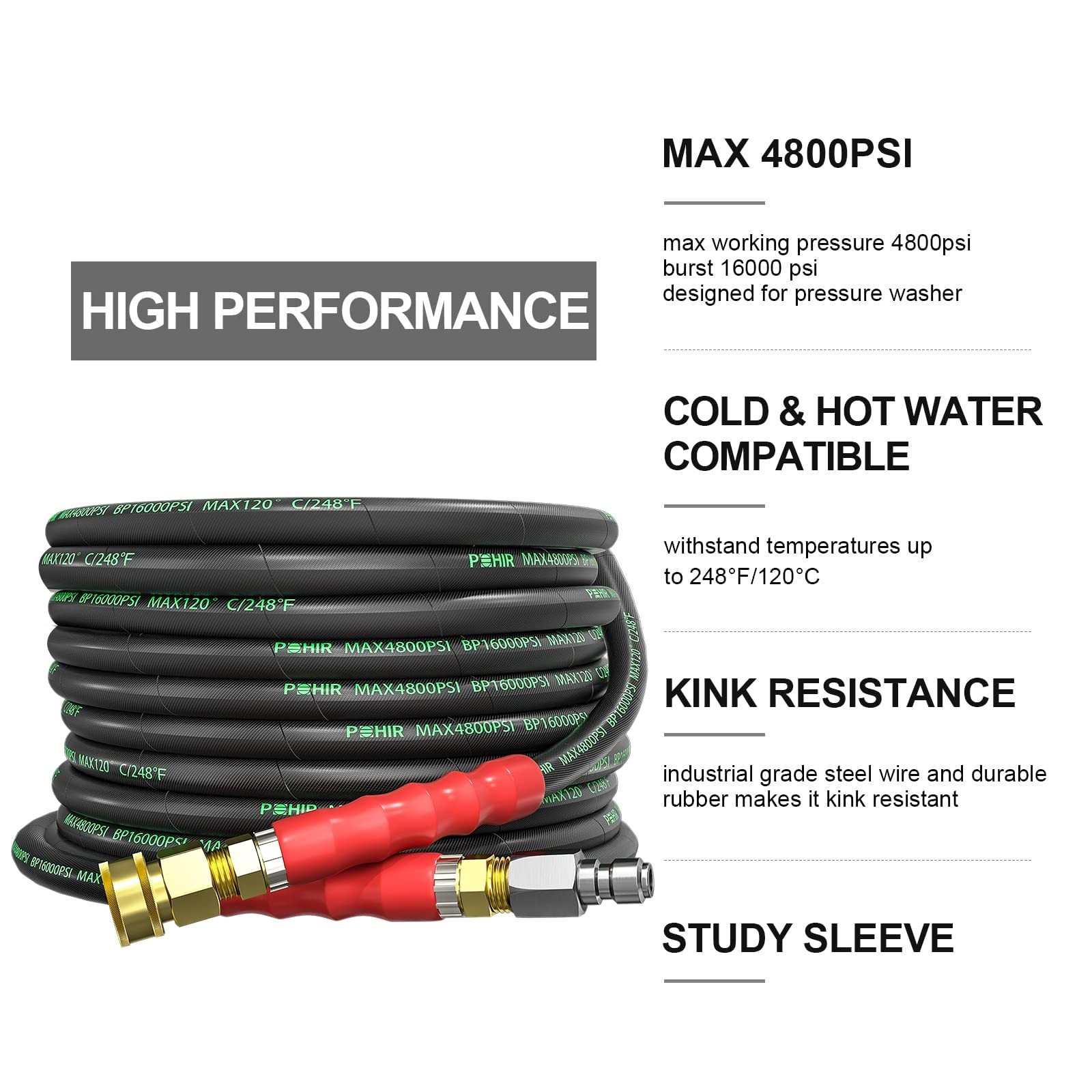 Pressure Washer Hose 25ft, 3/8’’ ID 4800PSI Power Washer Hose Non Ta