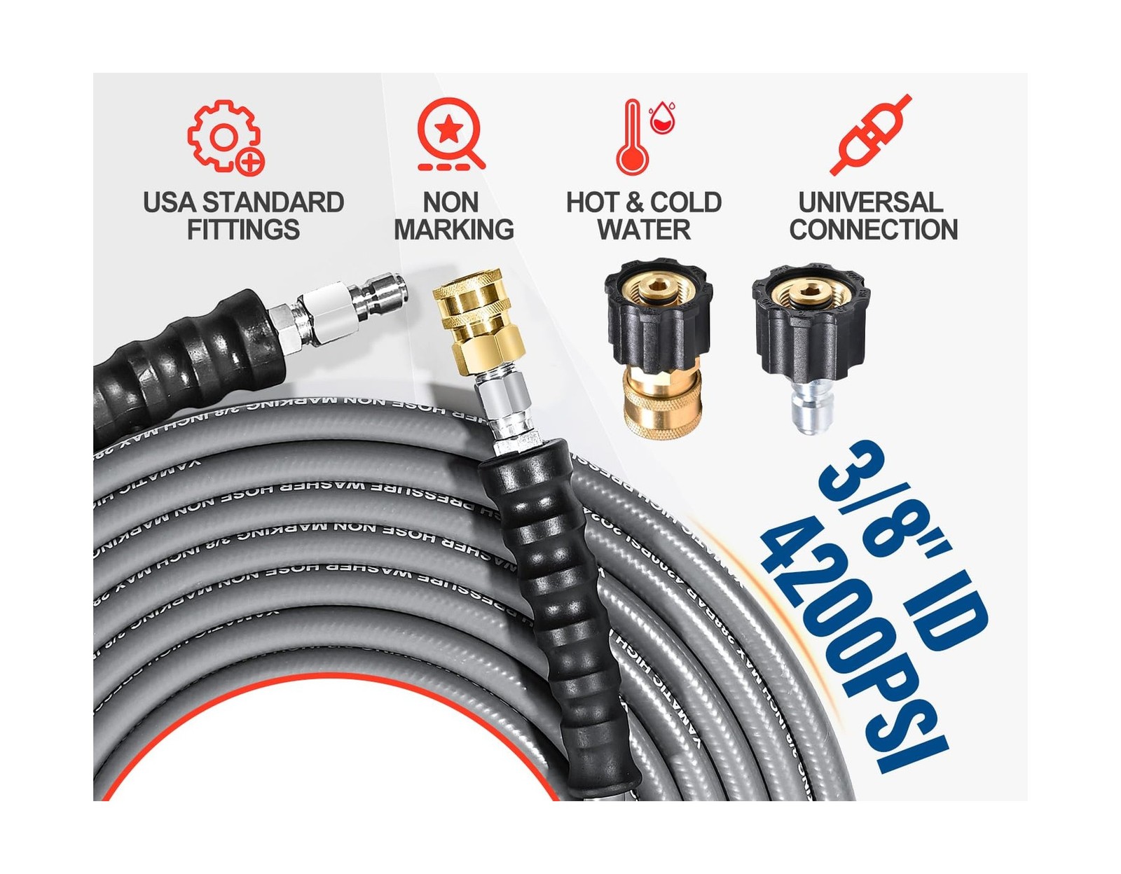 YAMATIC Non Marking 3/8″ Pressure Washer Hose 100FT 4200 PSI, Kink Resistant …