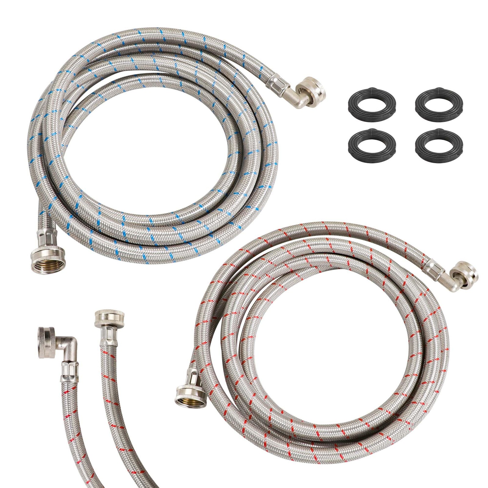 2 Pack 12 FT Washing Machine Hoses with 90 Degree Elbow, 12 FT, Red and Blue