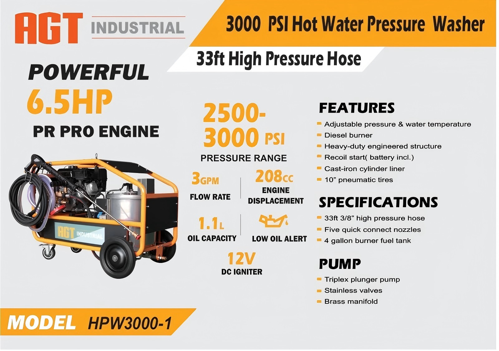 AGT Hot Water High Pressure Washer Machine 3000 PSI 6.5HP Washer Diesel Burner