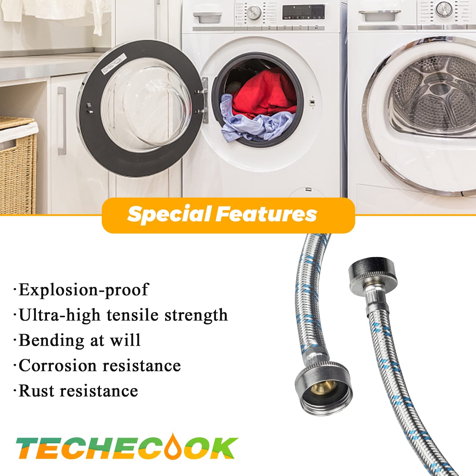 4ft Premium Stainless Steel Washing Machine Hoses :Length 48.42″, Blue&Red