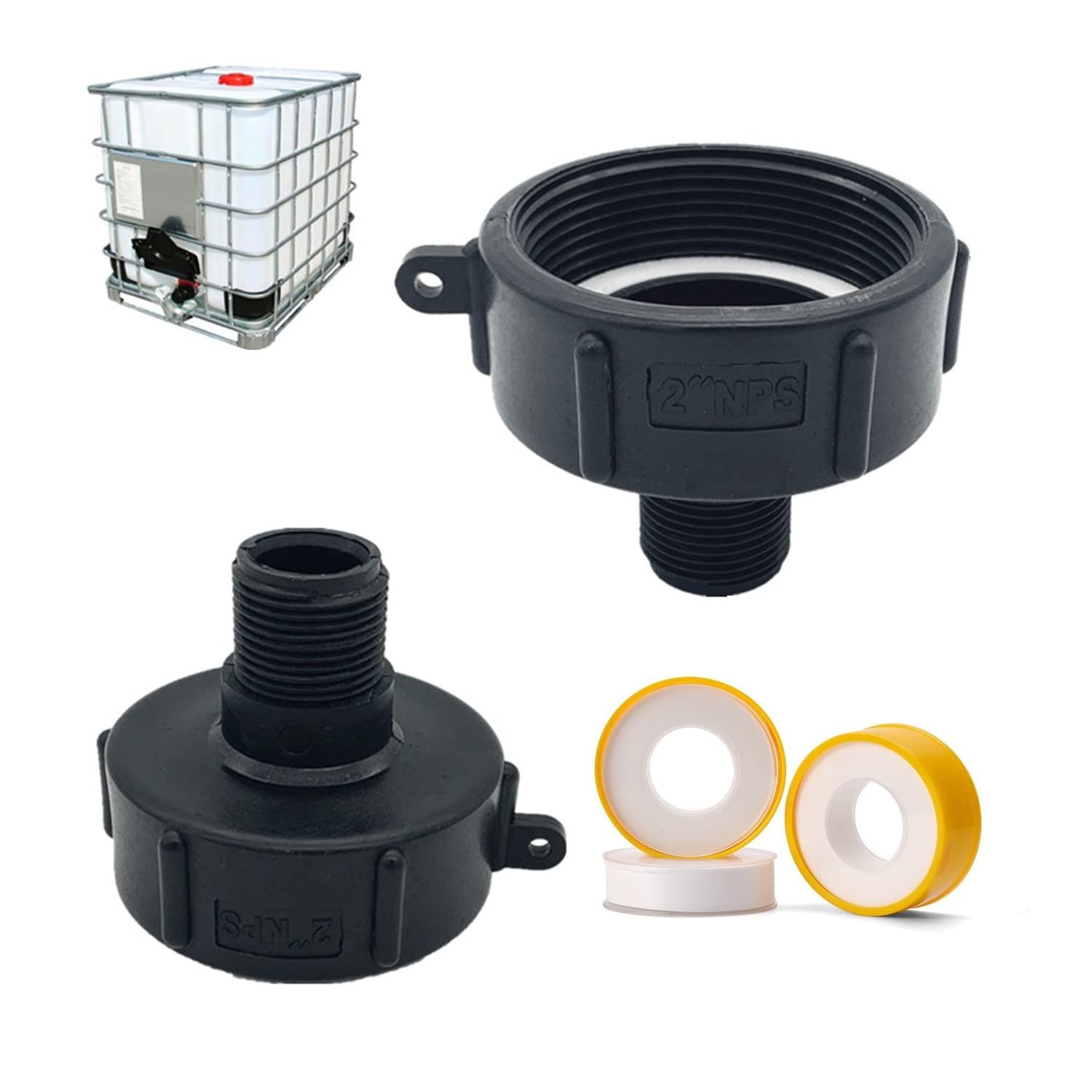 2PCS 275 330 Gallon IBC Tote Water Tank Adapter 2″NPT-Fine Thread, Black