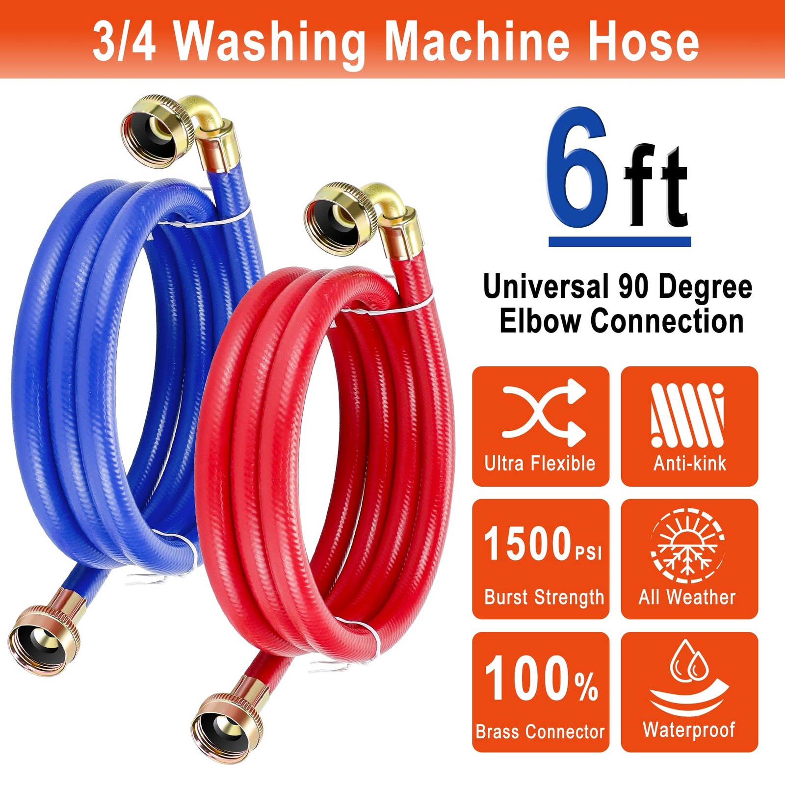 6 FT Washing Machine Hoses with 90 Degree Elbows 6FT-90 Degree, Blue