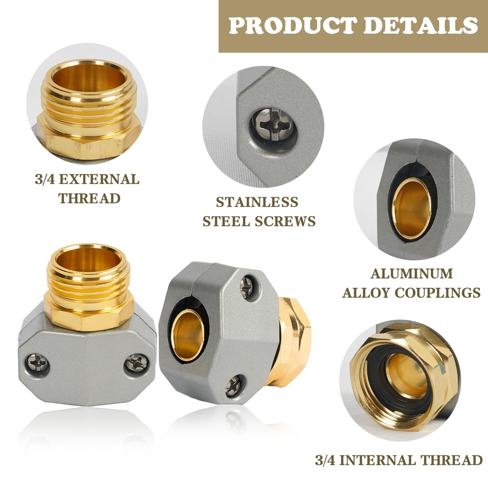 Hourleey Garden Hose Repair Kit – Aluminum Alloy End 1 Set, Silver, Gold
