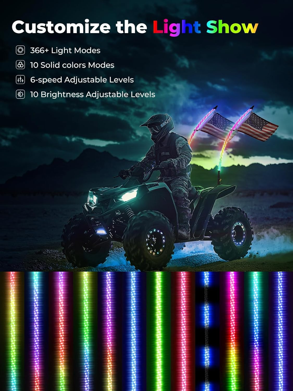 2Pc 3Ft Bluetooth Whip Lights for Side by Side, Turning Signal Function Compatib