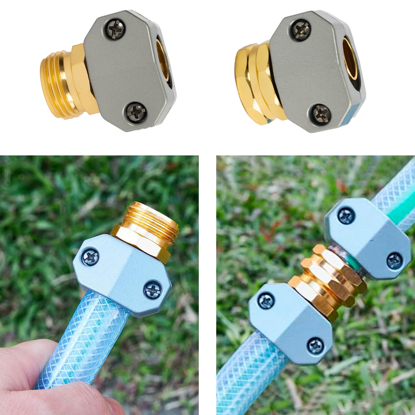 Hourleey Garden Hose Repair Kit – Aluminum Alloy End 1 Set, Silver, Gold