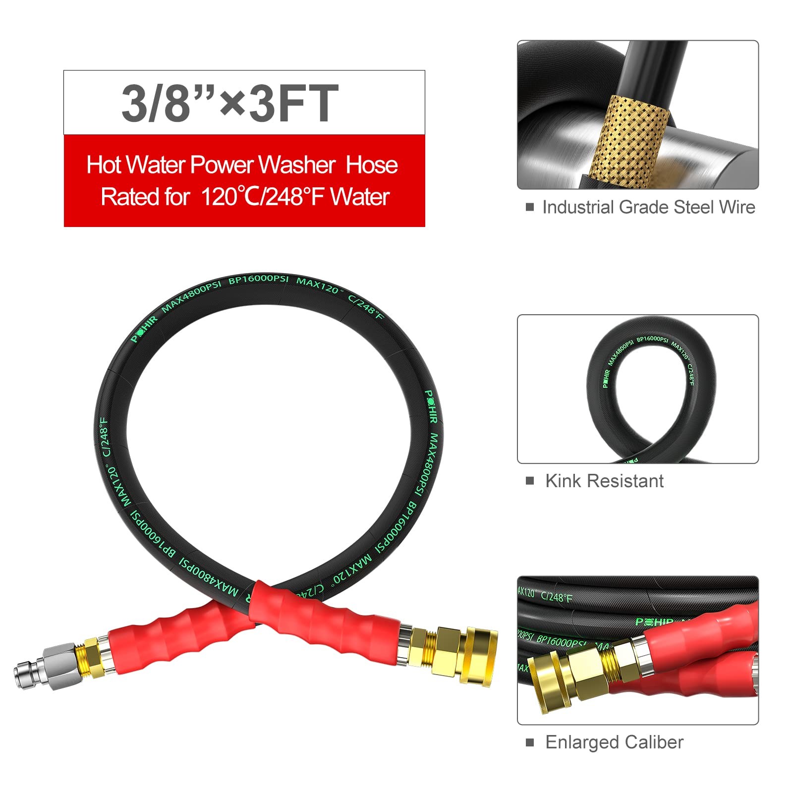 POHIR 3FT Pressure Washer Jumper Hose, 4800 PSI 3ft, Black