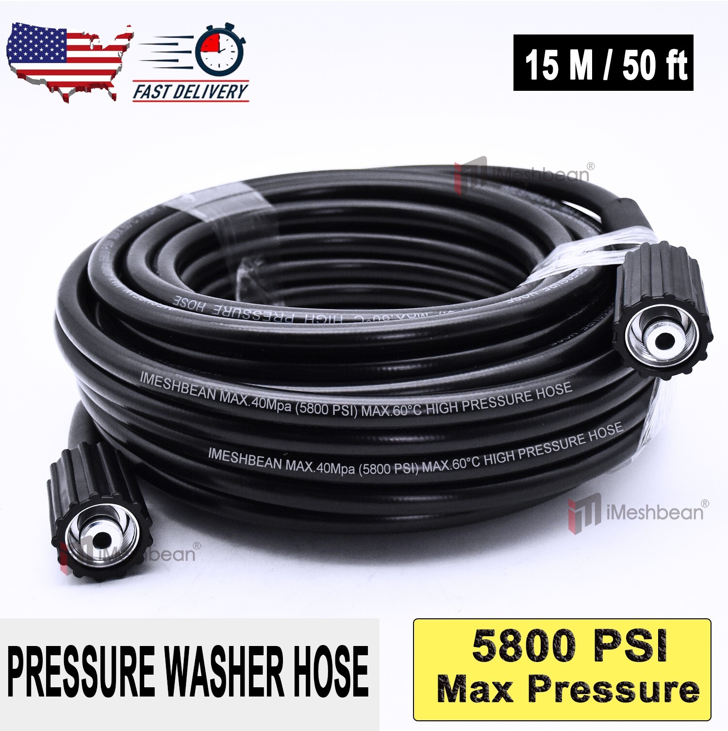 50FT 5800psi High Pressure Power Washer Hose Extension Washer M22 14MM Coupler