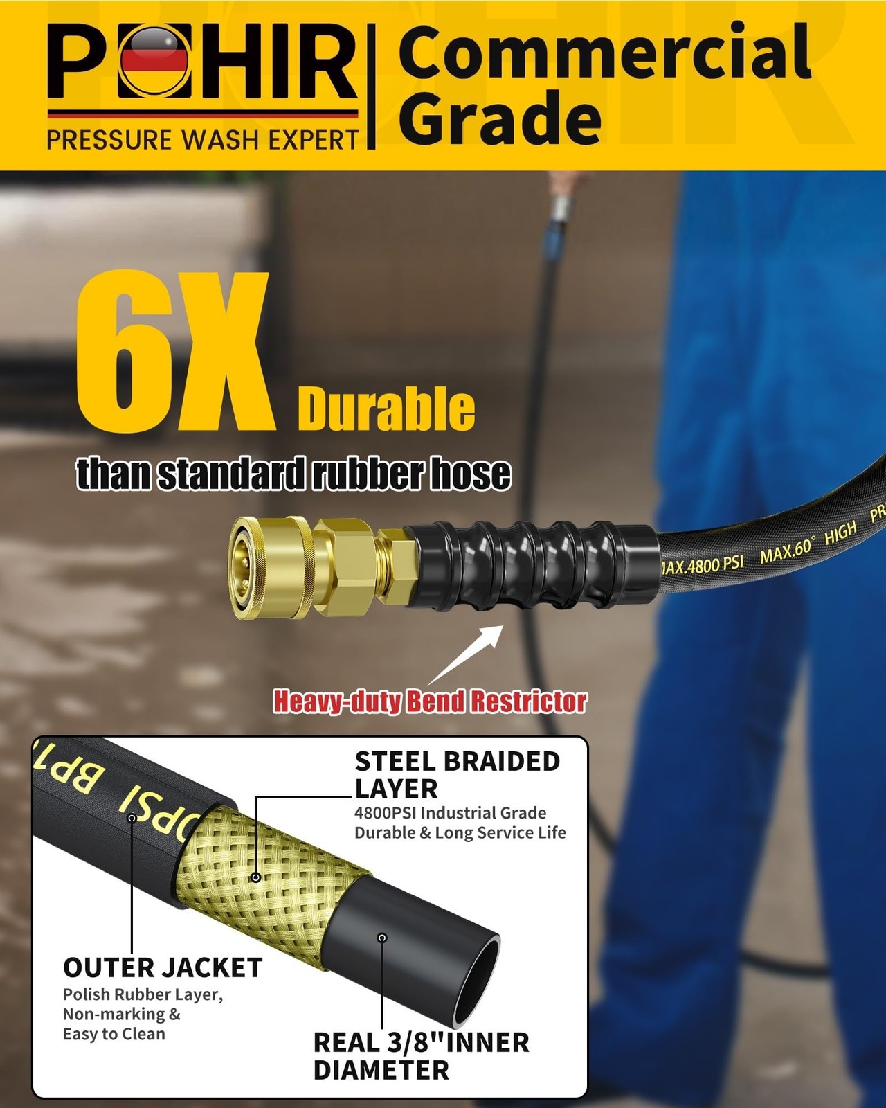 3/8″ Pressure Washer Hose 25ft 4800PSI, Power Washer Hose Steel Wire Braided …