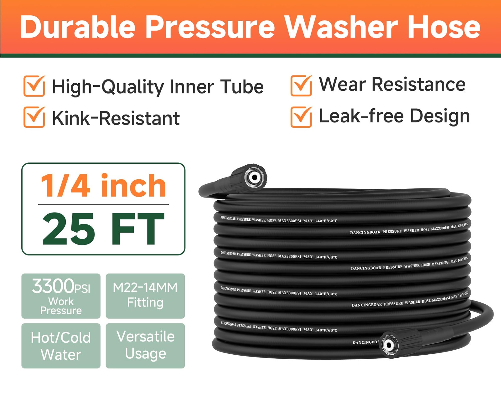 DANCINGBOAR Pressure Washer Hose 25FT 1/4″, 3300 PSI Wear & Kink 25FT, Black