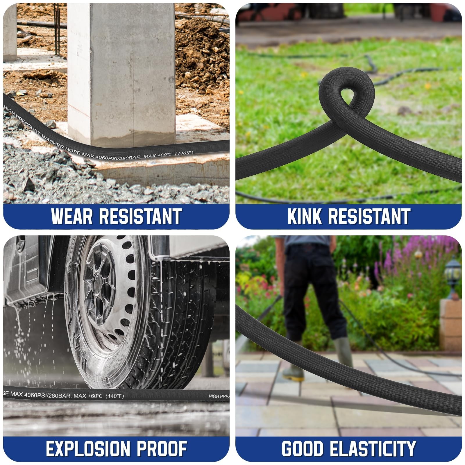 3/8″ Pressure Washer Hose 50 FT with Swivel Quick Connect, 4060 PSI Kink Resi…