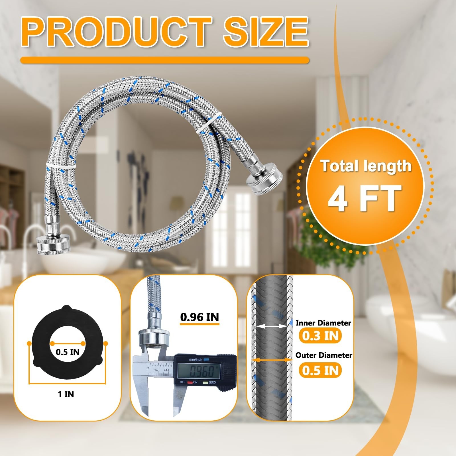 4FT Stainless Steel Washer Hoses Burst Proof Hot and Cold Water Supply Hoses …