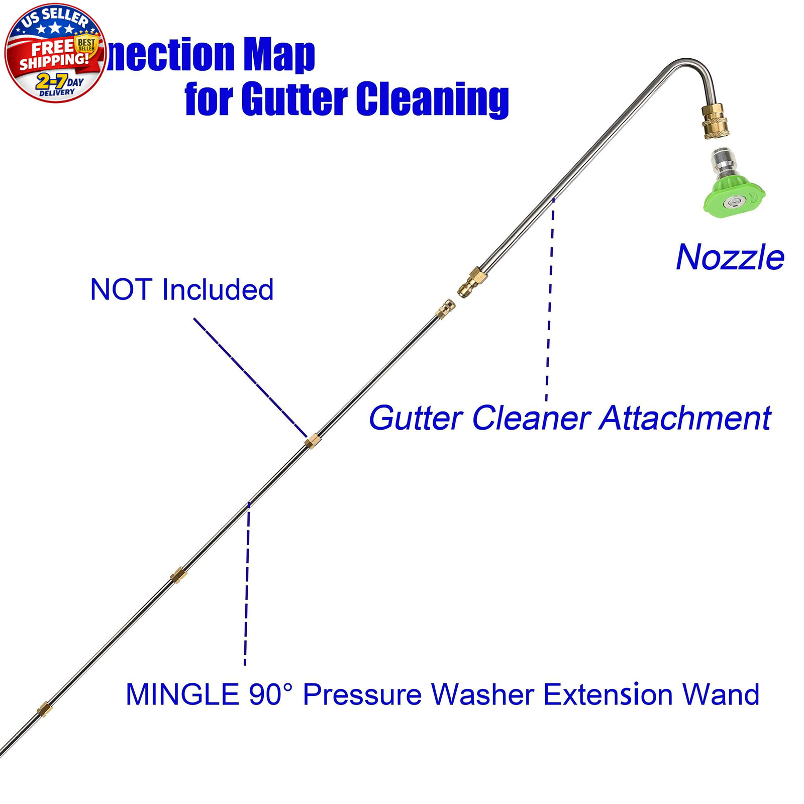 Stainless Steel Pressure Washer Gutter Cleaner Attachment, Angled Extension Wand