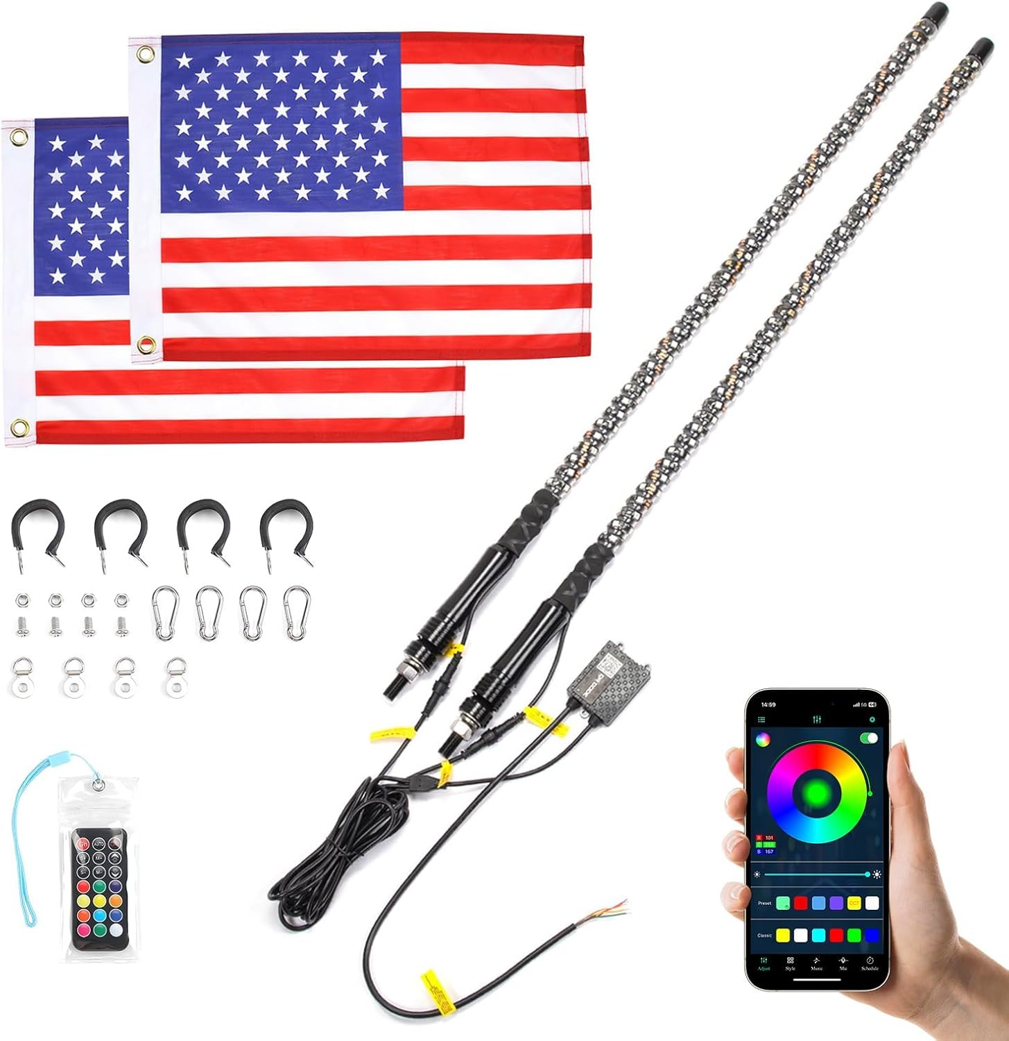 2Pc 3Ft Bluetooth Whip Lights for Side by Side, Turning Signal Function Compatib