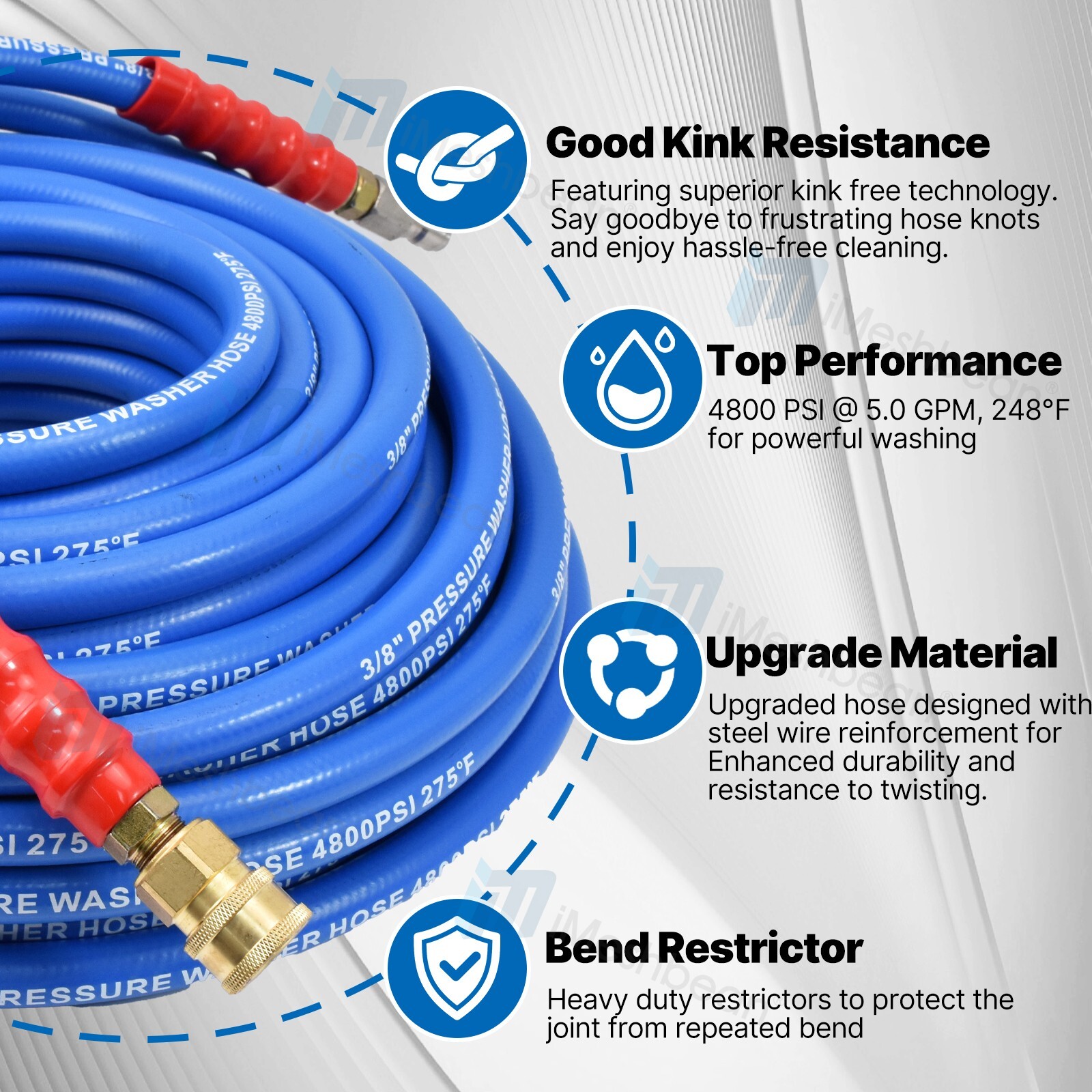 Hot Water Pressure Washer Hose 3/8″ x 30ft 4000 psi Non-Marking One Steel Braid
