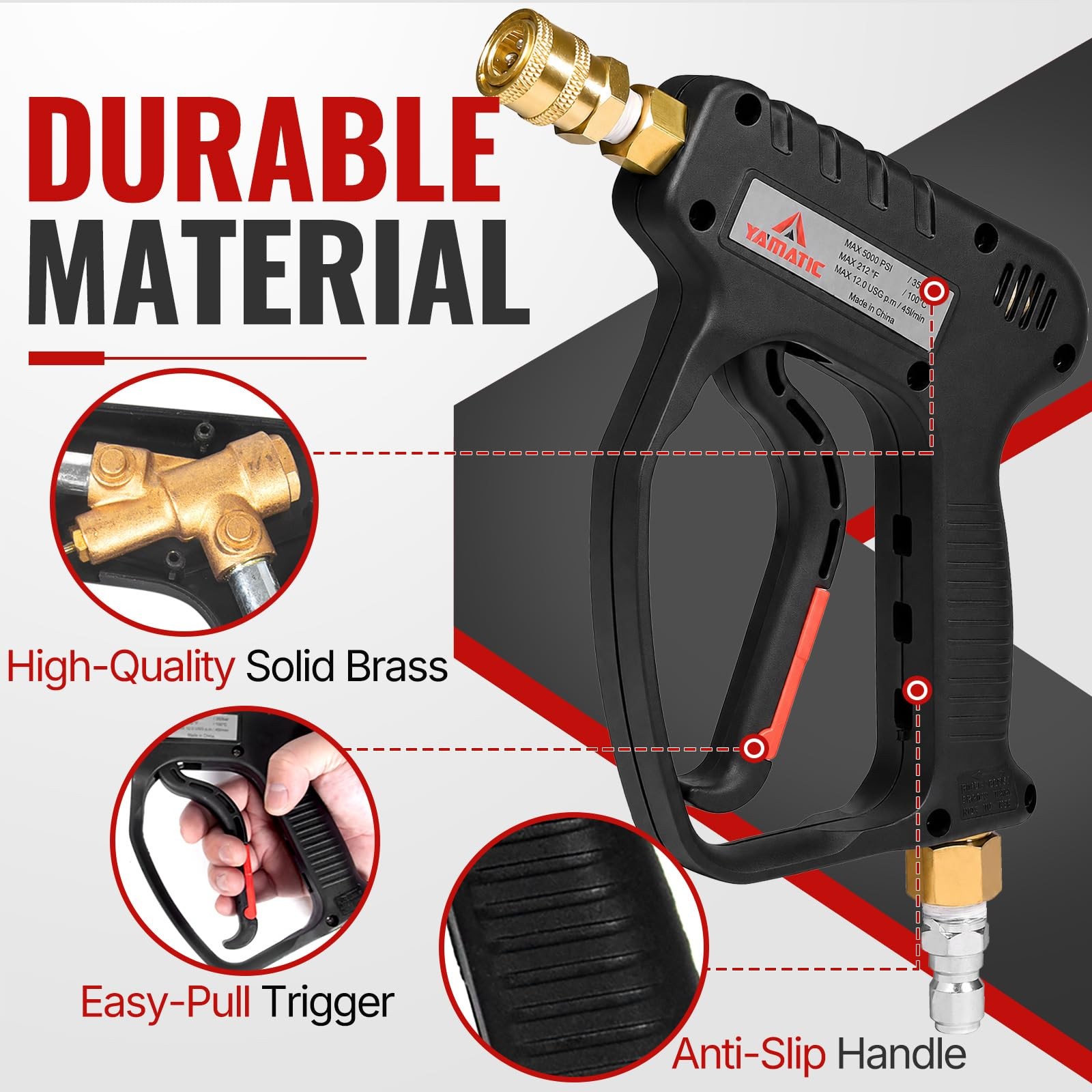 YAMATIC Short Pressure Washer Gun with Swivel, 5000 PSI handle, Black