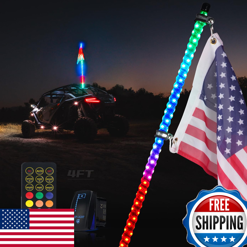 Xprite 1Pc 4Ft Spiral Rgb Led Whip Light Built-In Spring Base Remote Control