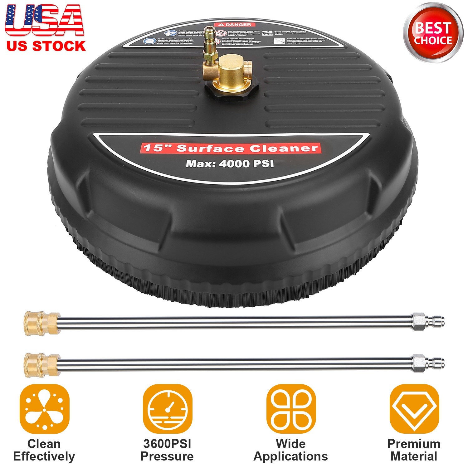 15″ Pressure Washer Surface Cleaner with 2 Extension Wand Quick Connect 3600PSI