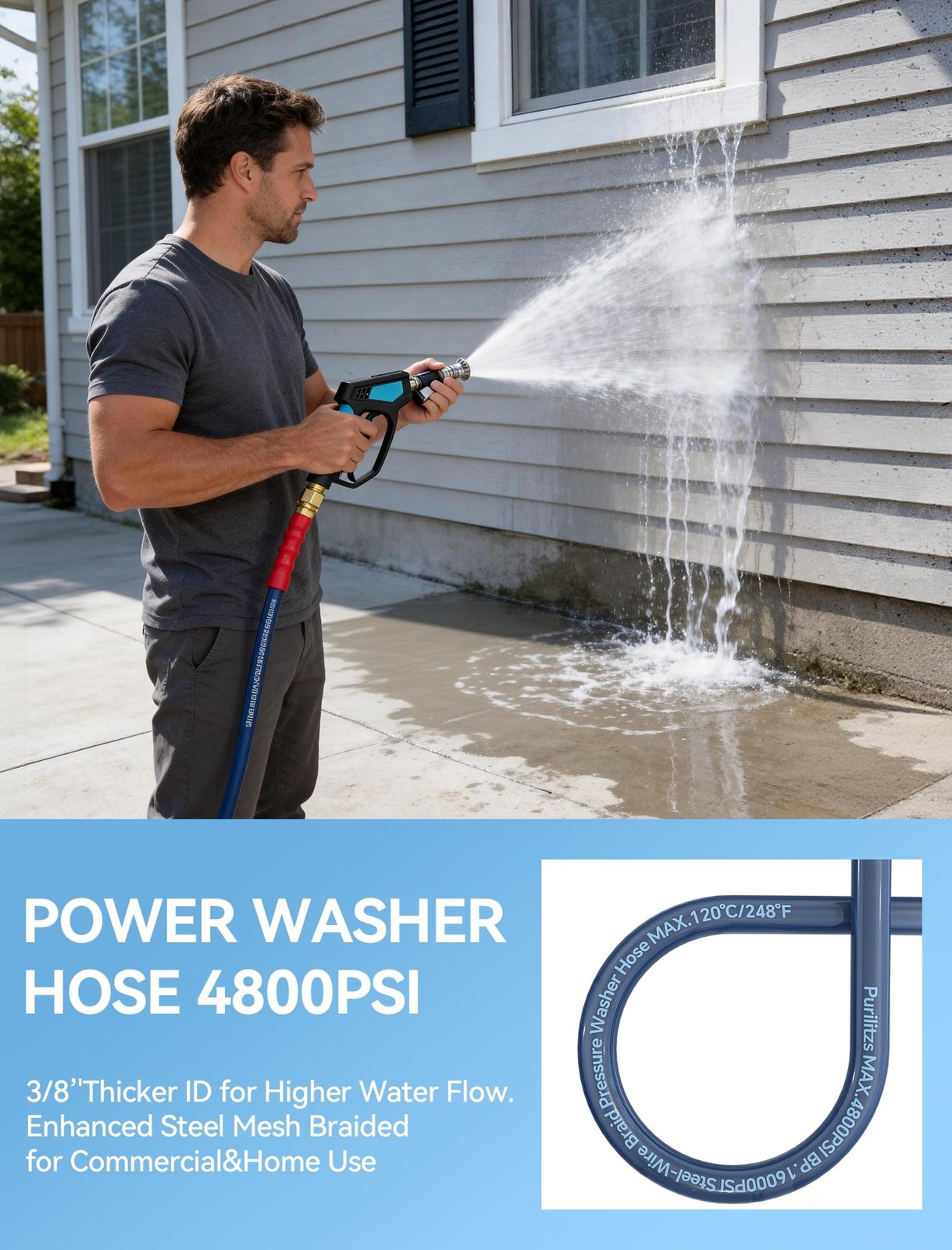 3/8” Pressure Washer Hose Non Marking 4800PSI, 25FT Upgraded 4-Layer Structu…