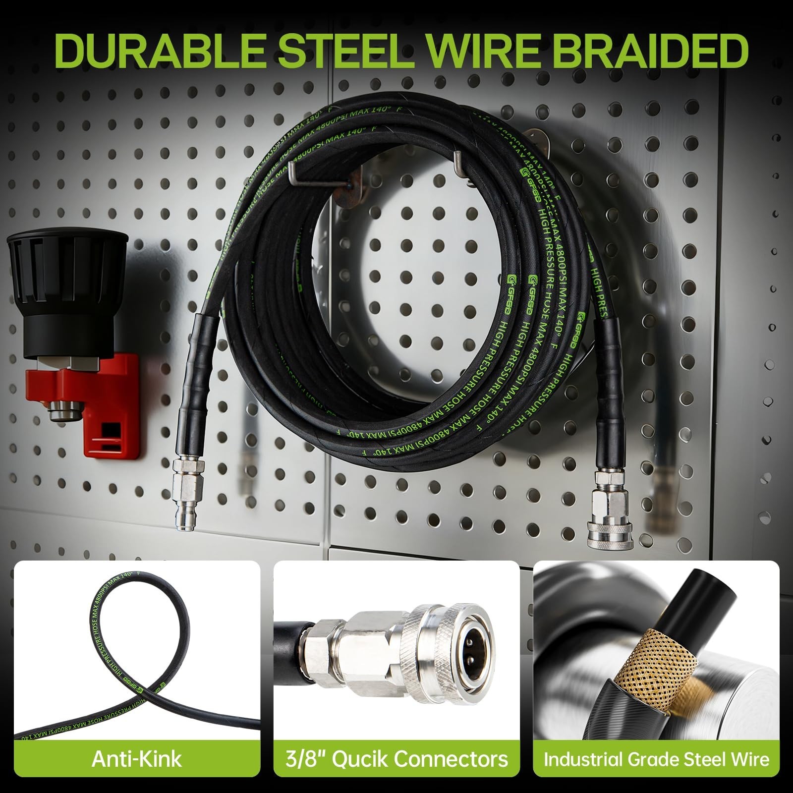 Pressure Washer Hose 25 FT with 3/8” Quick Connect, 4800 PSI Kink Resistan