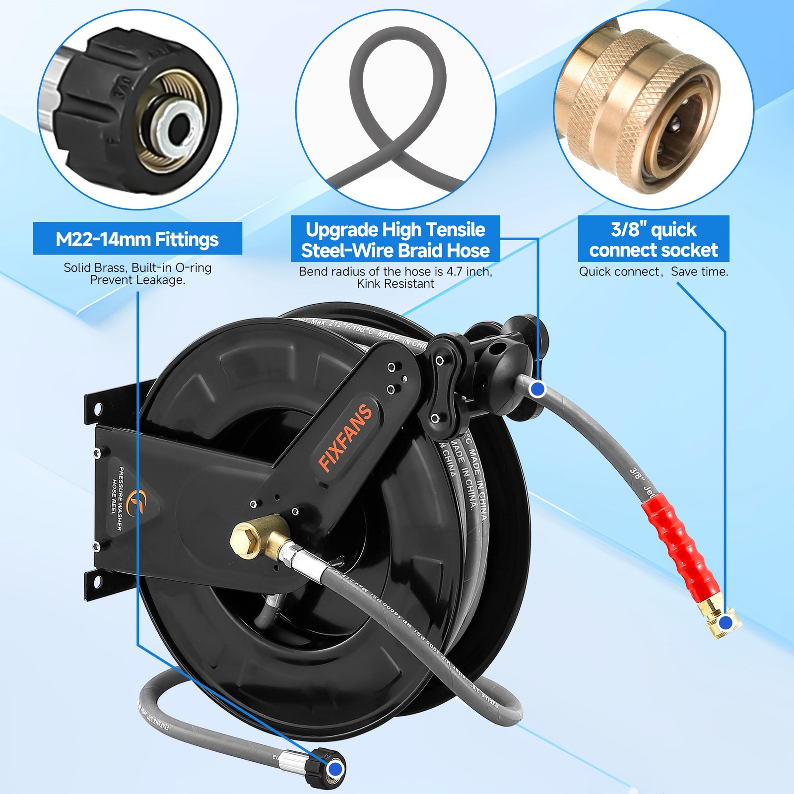 FIXFANS Pressure Washer Hose Reel with for Hot and 50 FT, Black, Grey