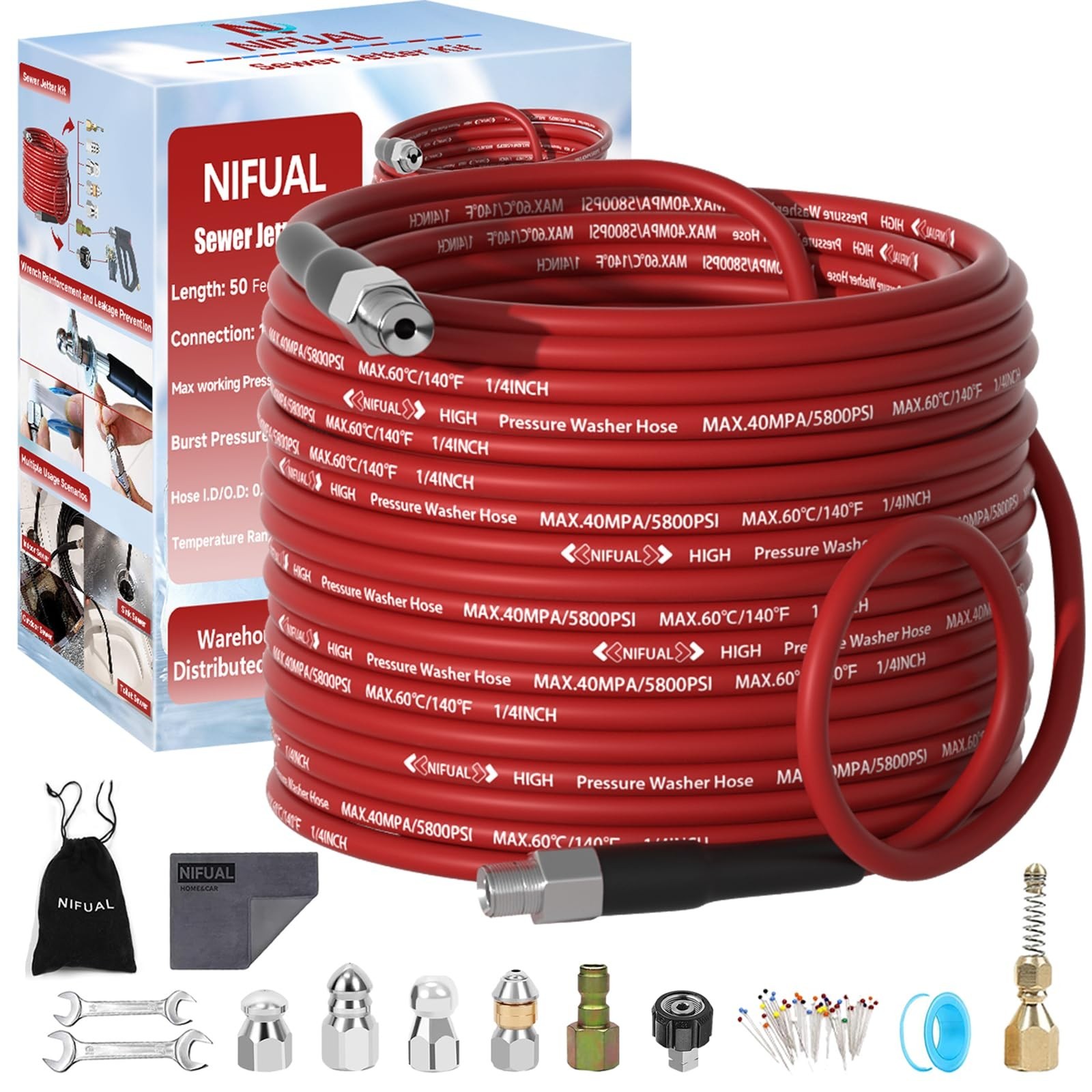 NIFUAL Sewer Jetter Kit for Pressure Washer,50FT 5800PSI Pressure Drain Clean…