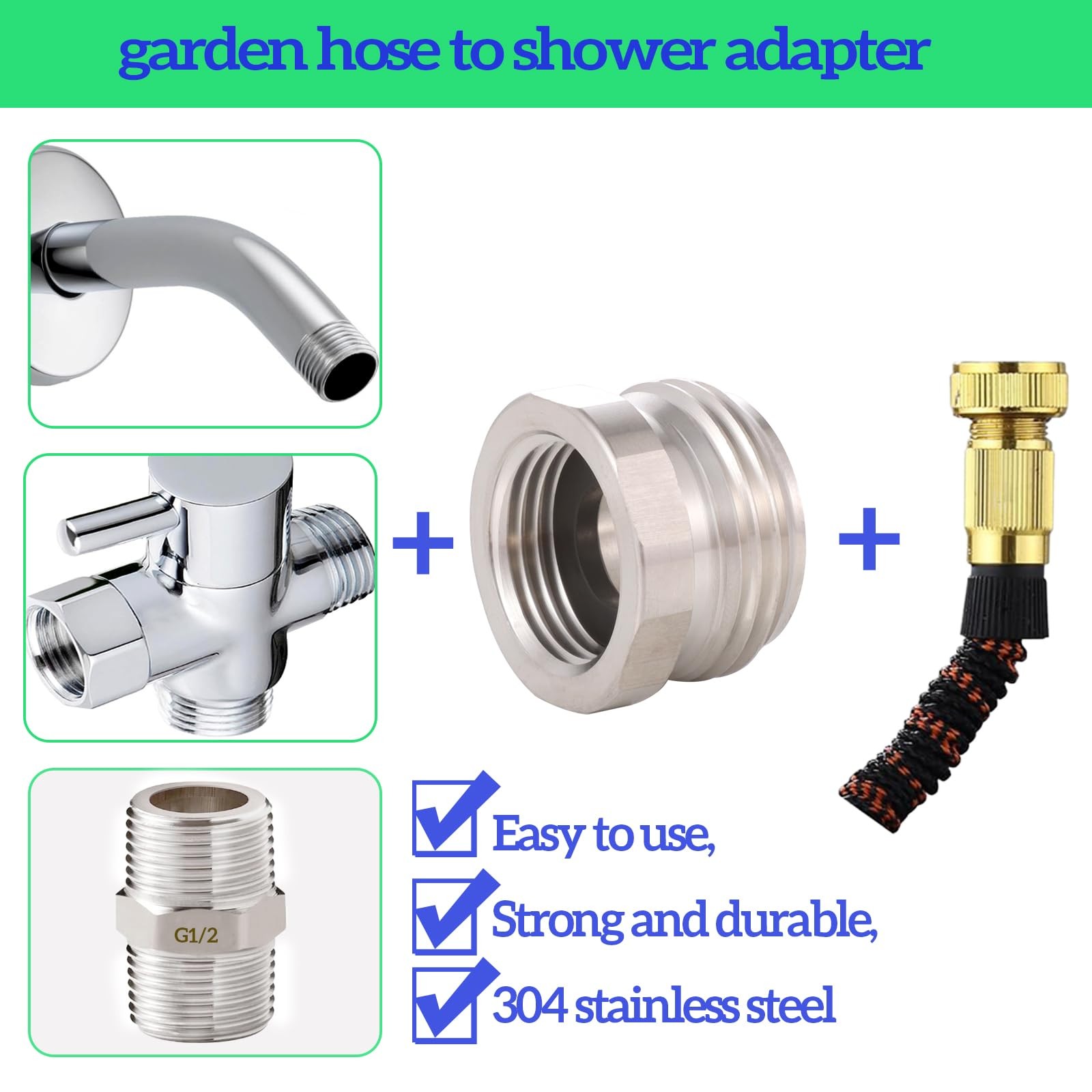 Garden hose to shower pipe/arm handshower adapter,G1/2 1/2 inch, Silver