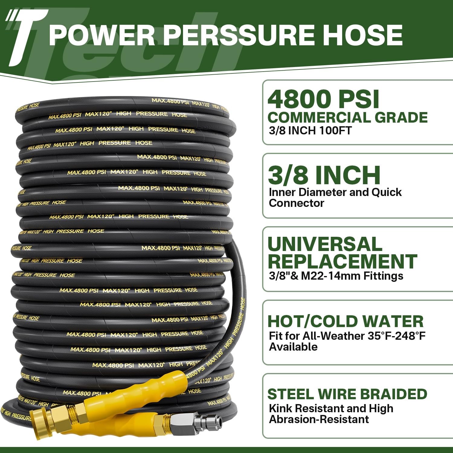 5000PSI Pressure Washer Gun and Hose Kit, 50FT Kink Resistant Steel Braided P…