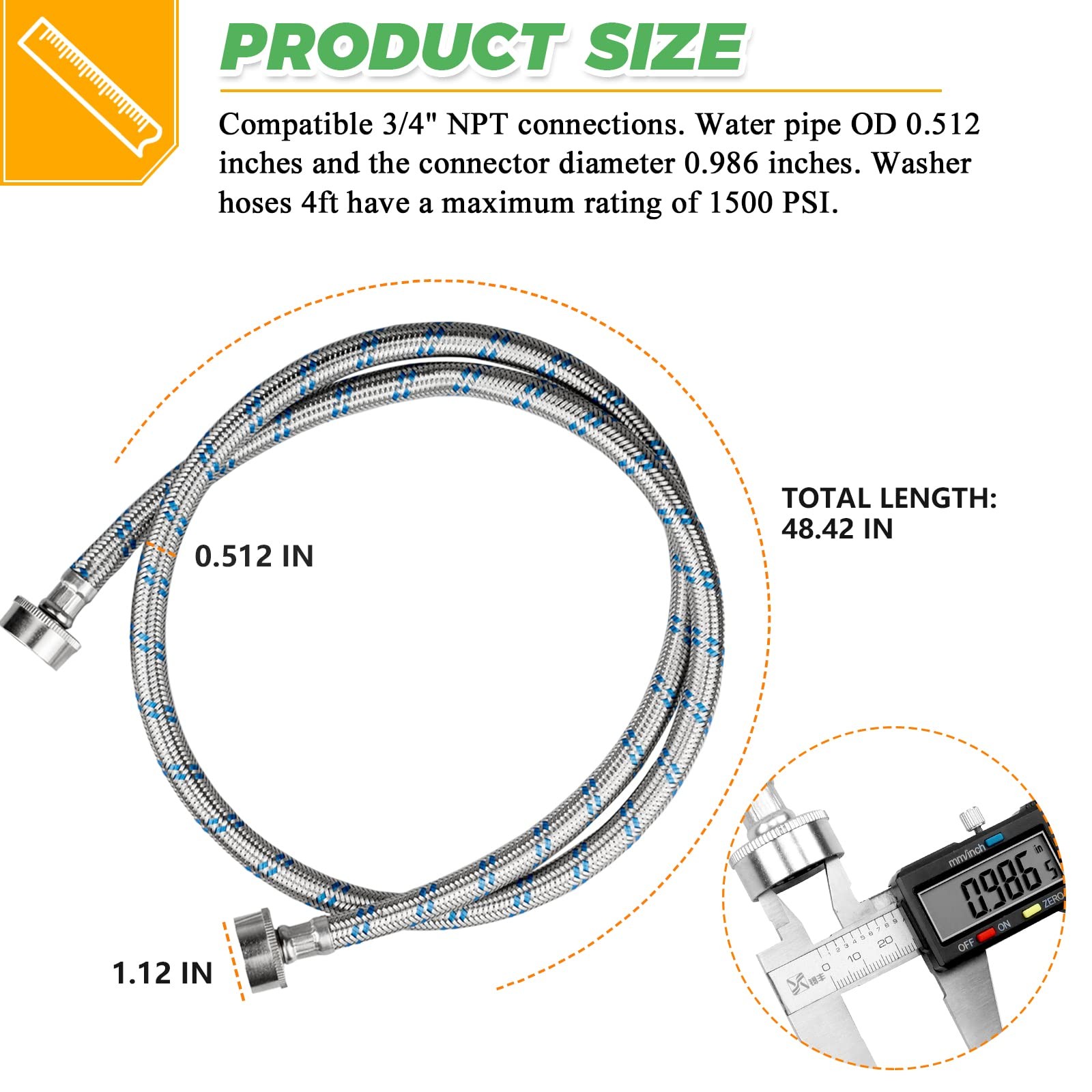 4ft Premium Stainless Steel Washing Machine Hoses :Length 48.42″, Blue&Red