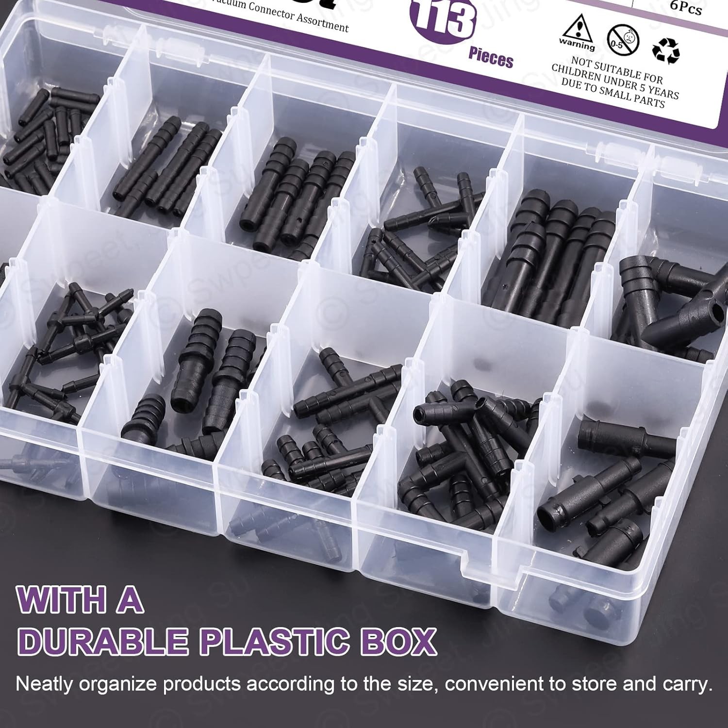 Swpeet 113Pcs Barbed Vacuum Connector Kit, Including Tee, Reducer, and Black