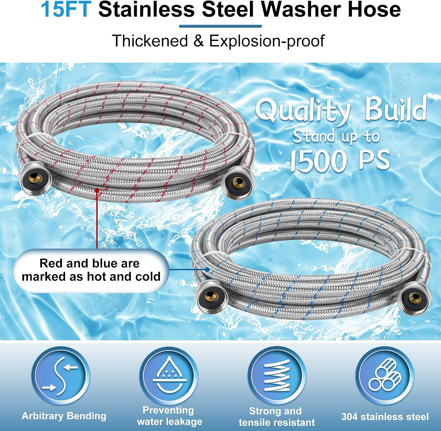 15FT Extra Long Washing Machine Hoses 3/4” Standard NPT Connections Burst-Proof